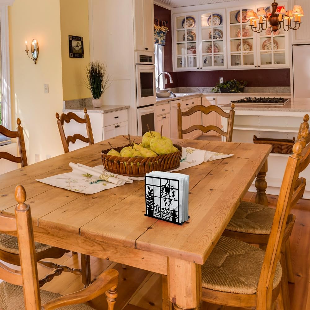 Potted Plant Decorative Black Metal Napkin Holder for Table, 4.9"x5.3"x1.9" Window Sill Hanging Basket Standing Napkin Holder for Home Kitchen Restaurant Picnic Party Coffee Bar Dining Room