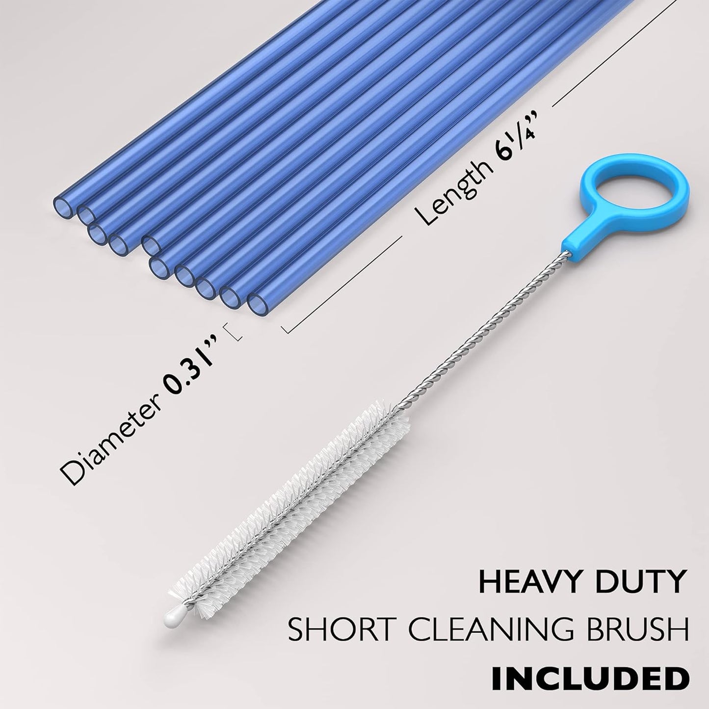 10 Short Reusable Hard Blue Plastic Drinking Straws, Medium Width + Sturdy Cleaning Brush - for Cocktails, Small Cups, Kids Drinks - Dishwasher Safe BPA Free