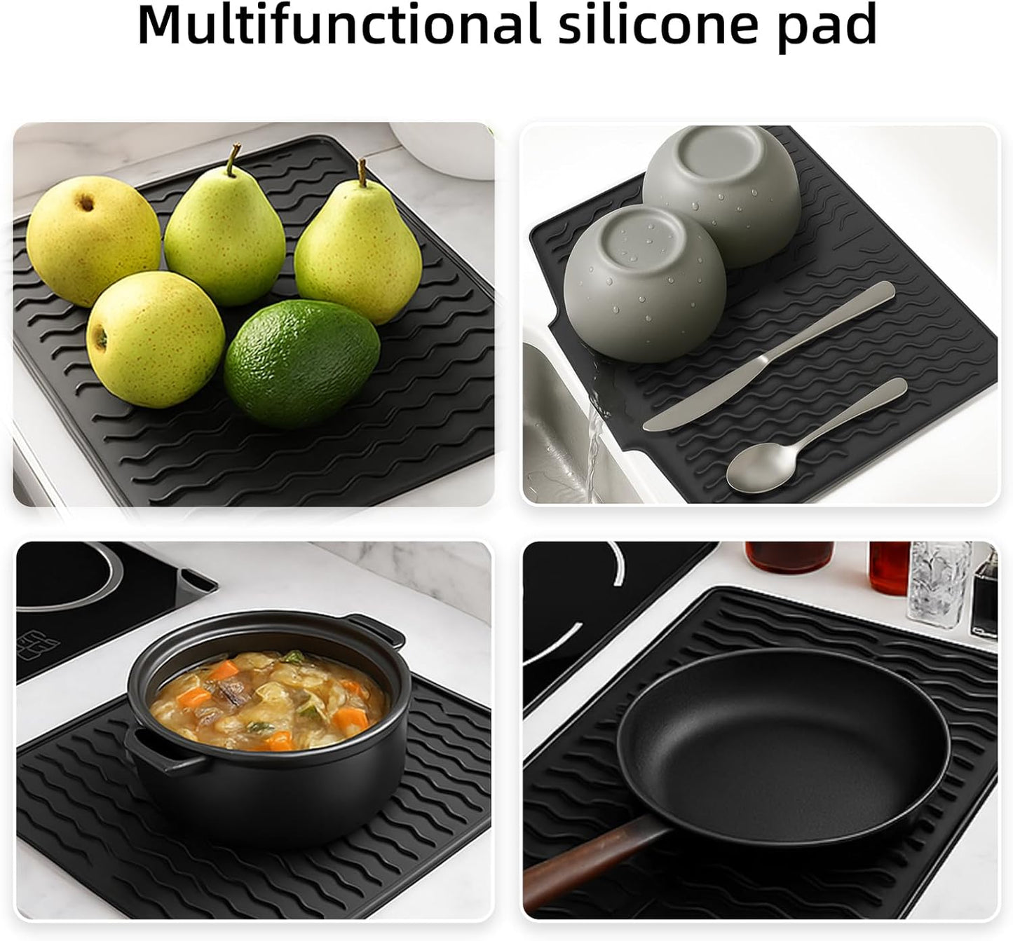 Dish drying mats for kitchen counter, Silicone dish drying mat ,Heat resistant mats for countertop,With drain port ,Stone drying mat for kitchen counter (15.6" x 13", black)