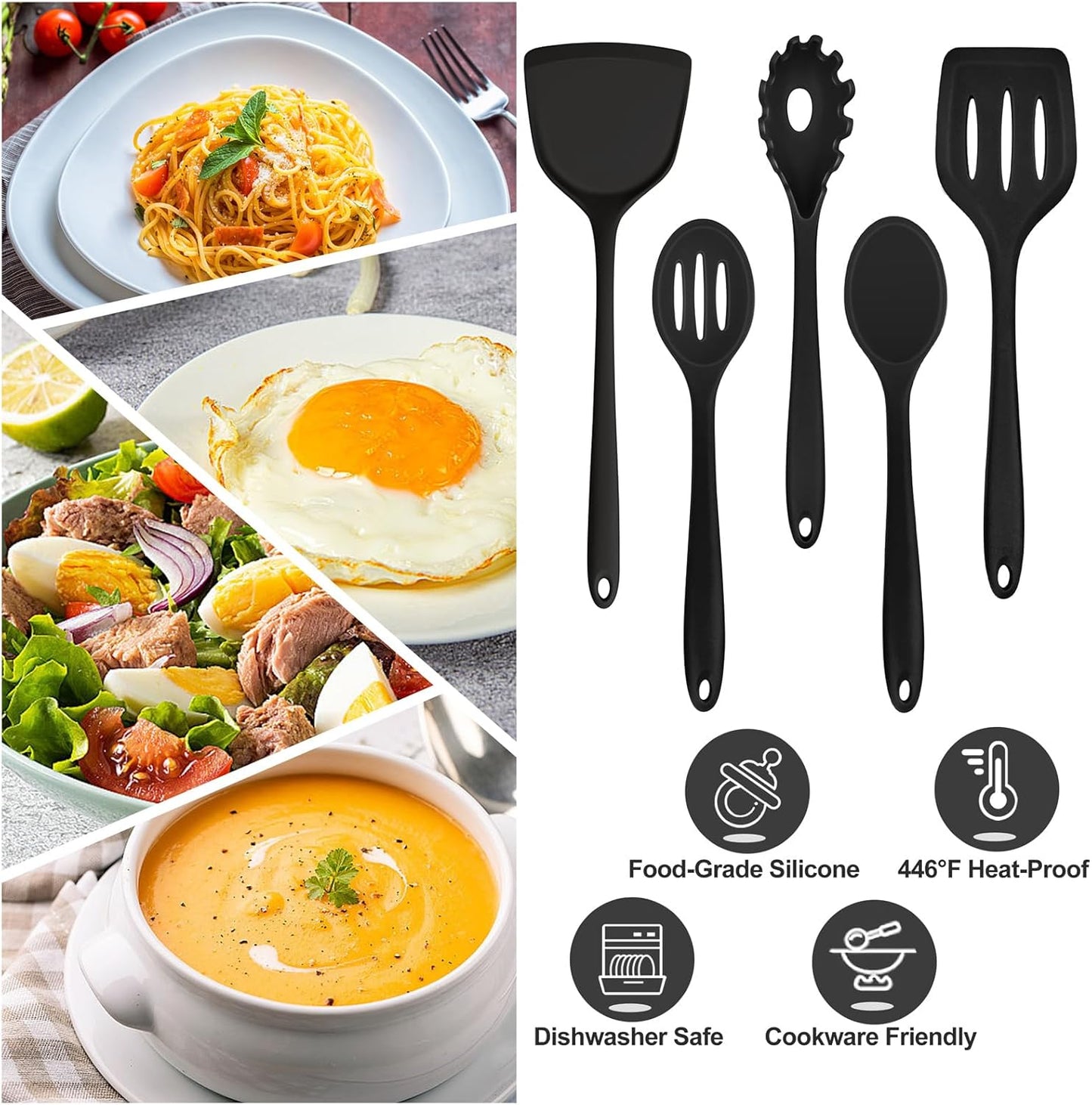 TeamFar Silicone Cooking Utensils Set of 5, Kitchen Utensils Solid & Slotted Spoons Turners Pasta Server for Nonstick Cookware, Healthy & Heat-Resistant, Seamless & Non-Scratch, Dishwasher Safe, Black