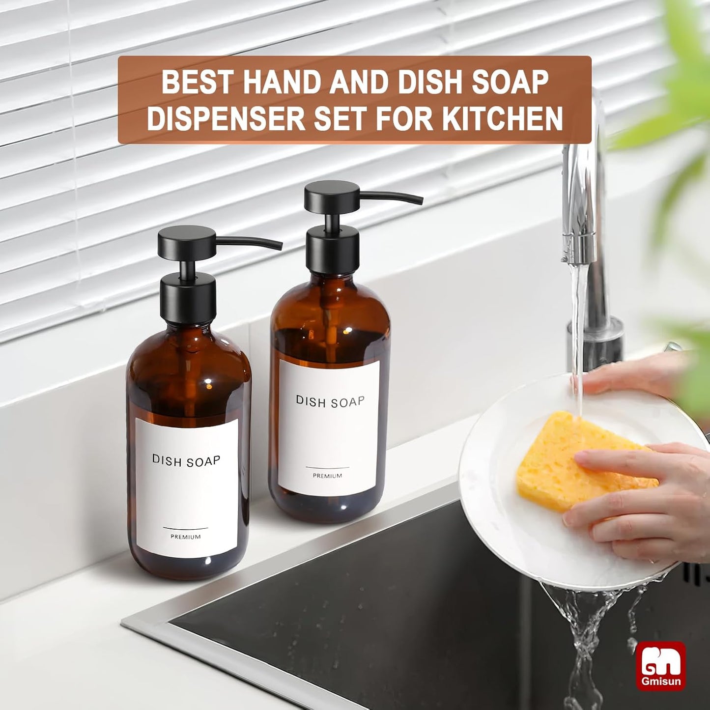 GMISUN Amber Glass Soap Dispenser, 2 Pack Bathroom Hand Soap Dispensers with Stainless Steel Flat Pump, 17 Fl Oz Kitchen Dish Soap Dispenser, Modern Vintage Liquid Brown Soap Dispensers Bottle Set