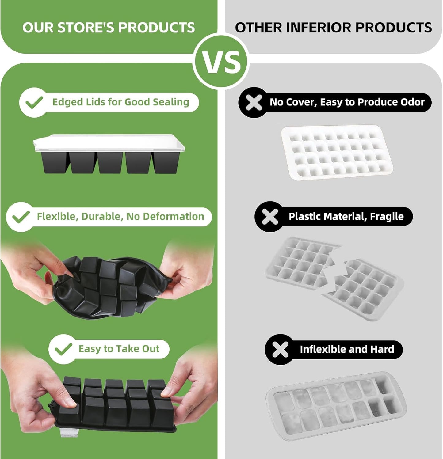 Silicone Ice Cube Tray, 2 Pack Easy-Release Stackable Ice Trays for Freezer with Lid 15 Reusable Cubes, Food Grade BPA Free Ice Molds for Whiskey, Baby Food, Coffee, Cocktail, Drinks (Black)