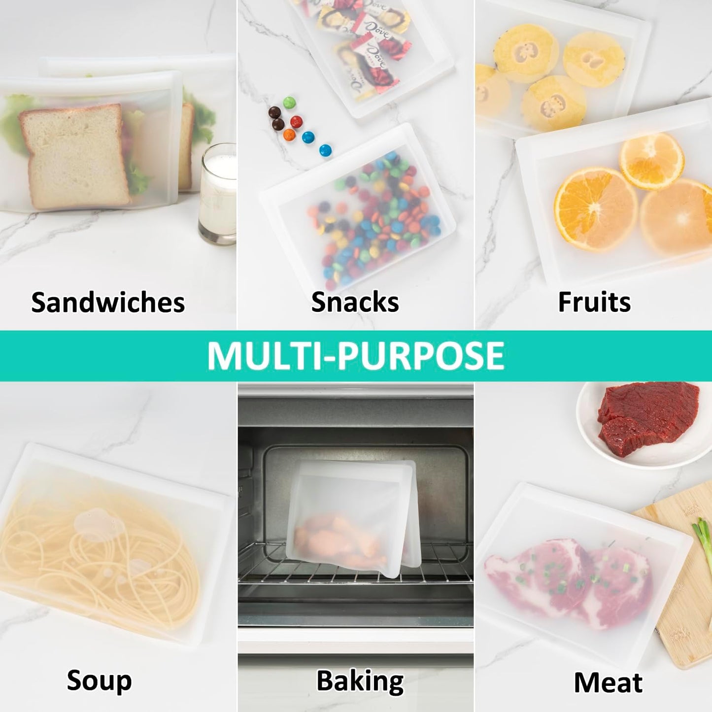 Reusable Sandwich Bags & Snack Bags Set, 8 Pack, 100% Silicone Reusable Storage Bag, Soft Shell Ziplock Silicone Food Storage Containers, Freezer Microwave Oven Dishwasher Safe, Translucent