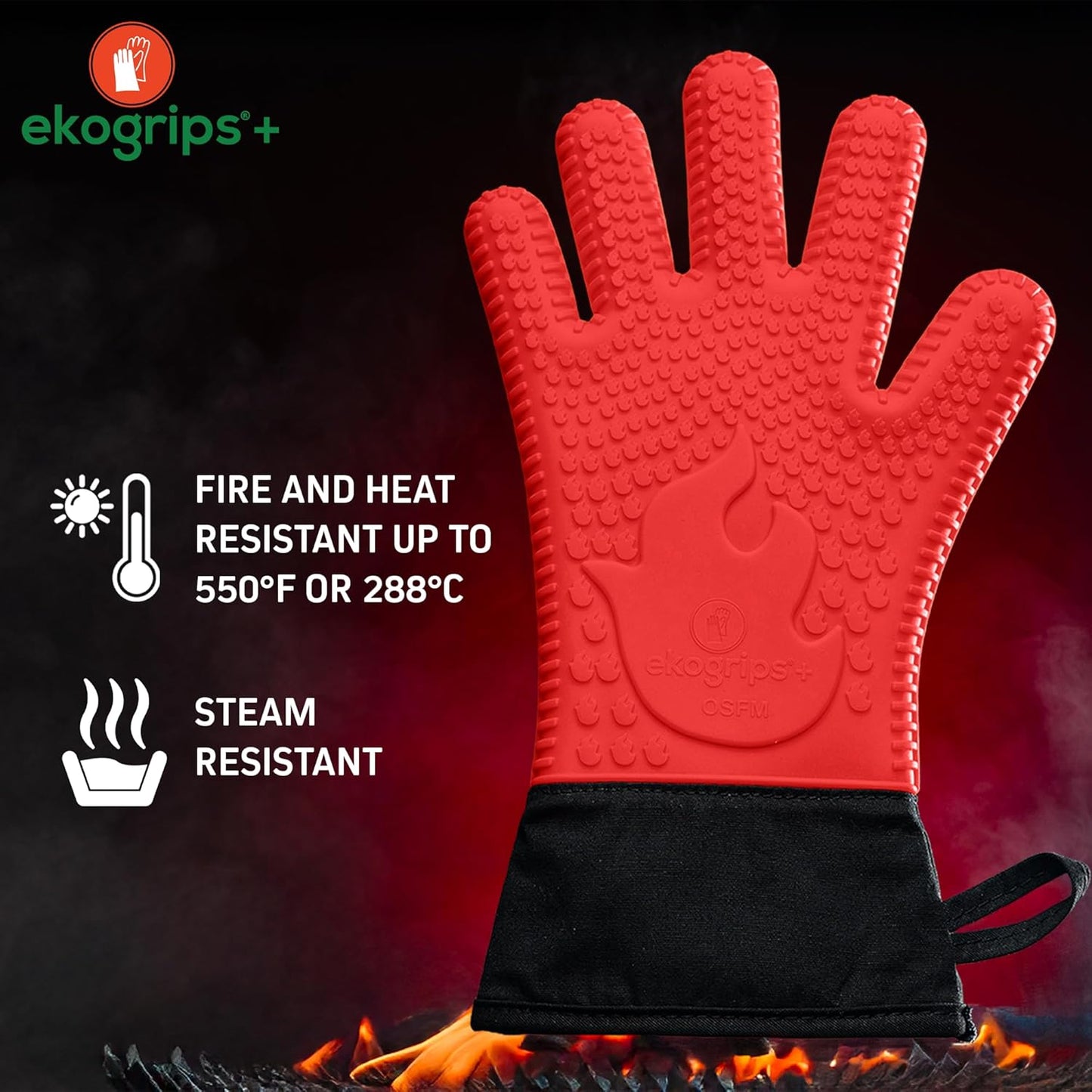Ekogrips+ Premium Silicone Oven Mitts - Comfy, Waterproof, Heat Resistant BBQ Gloves for Grilling, Long Cuff for Added Protection, 5 Finger Dexterity, 3 Sizes, 4 Colors, L/XL, Red