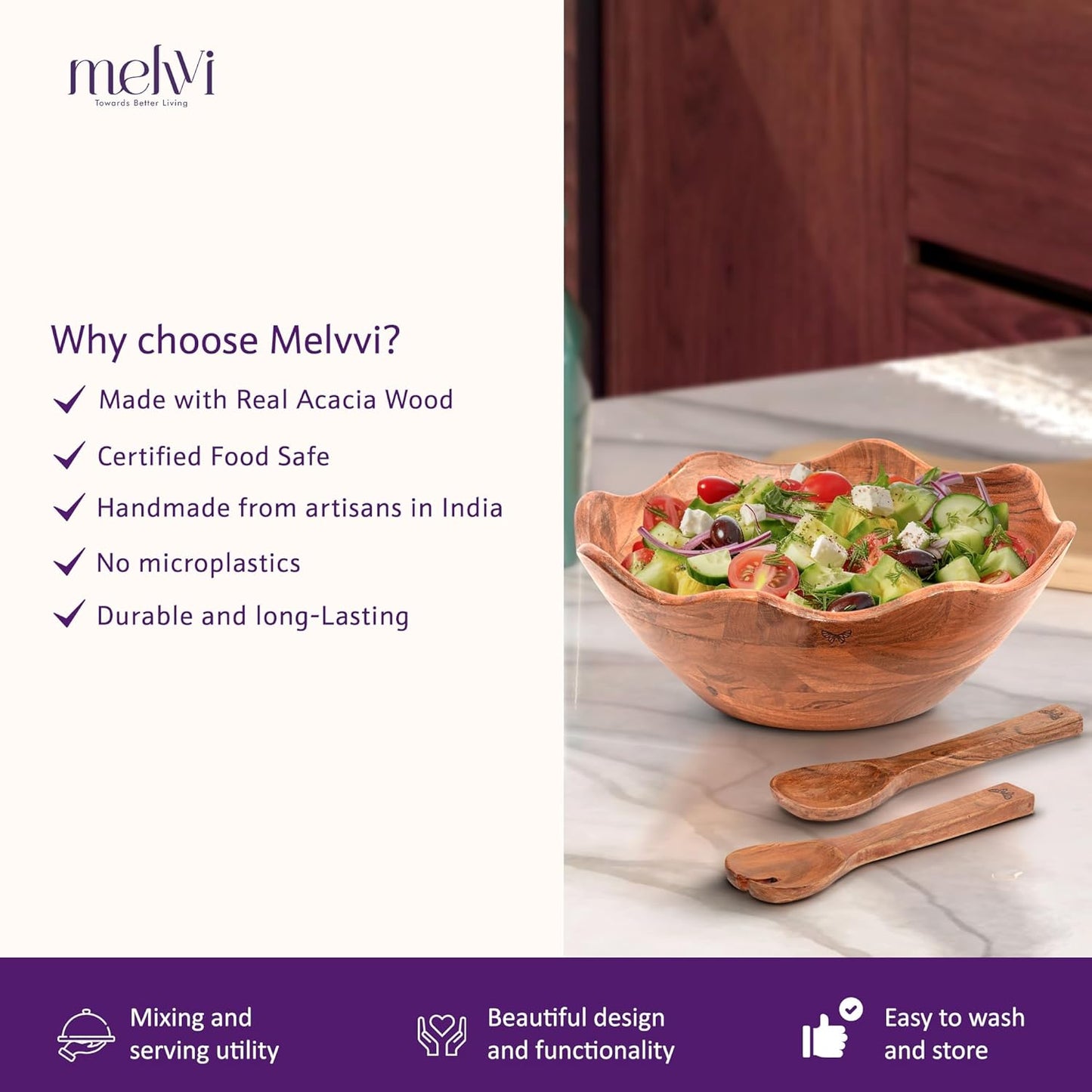 Melvvi Large Wooden Salad Bowl Set with 2 Small Bowls and 2 Serving Utensils | 12" & 6" Acacia Wood Bowls for Food | Great Gift for Kitchen & Dining (Natural Set of 5) (Natural Set of 3)