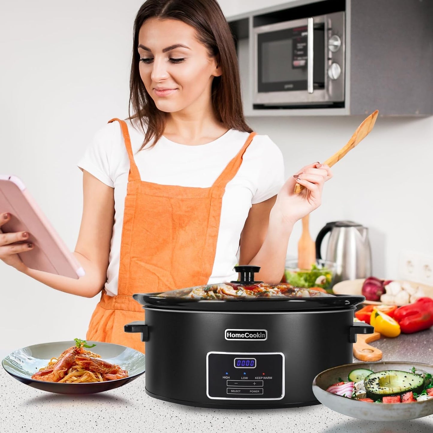HOMECOOKIN 8 Quart Programmable Slow Cooker, Kitchen Appliances, Perfect Kitchen Small Appliance for Family Dinners, Black Stainless Steel
