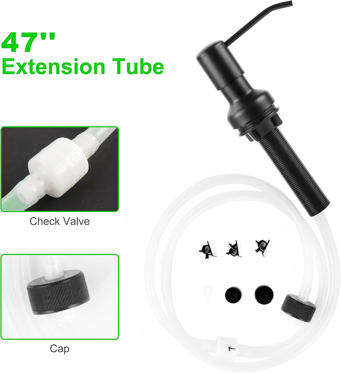 Soap Dispenser for Kitchen Sink, Sink Soap Dispenser with Longer Threaded Shaft Shank, 47" Extension Tube Connects Directly to Dish Soap Container, Wider Pump Head Base (Black)