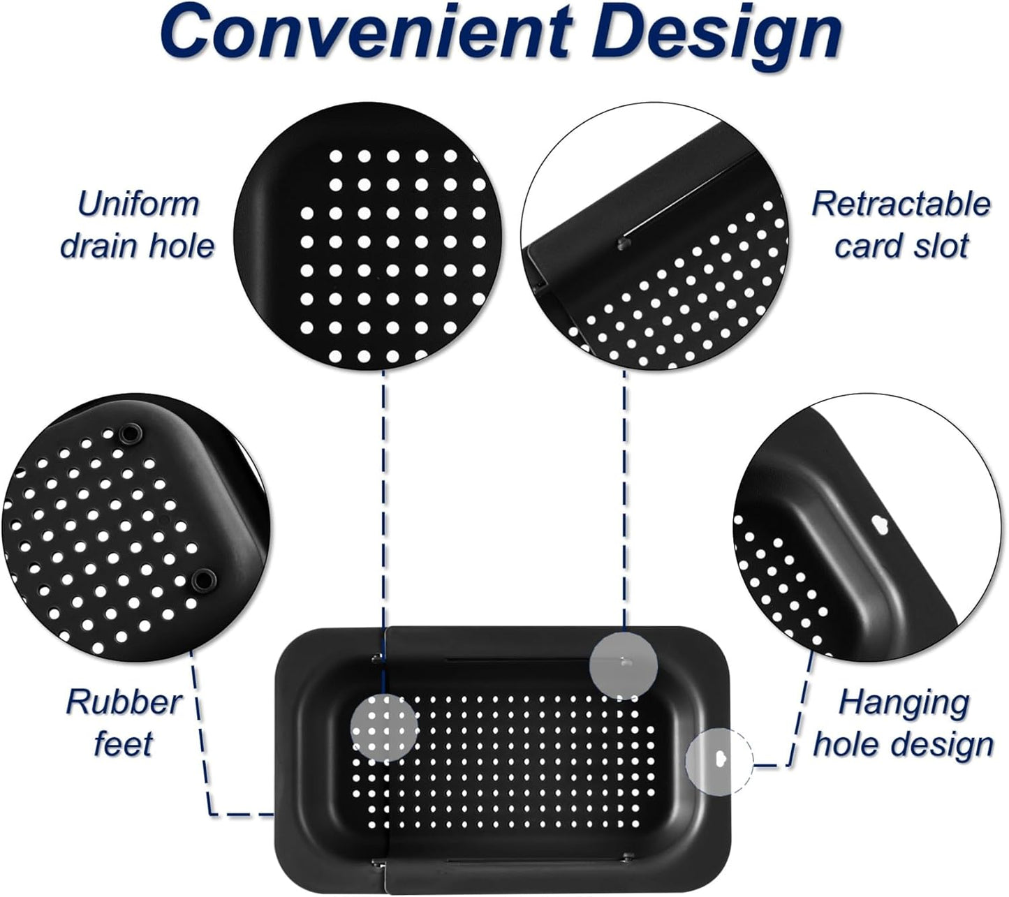 Extendable Sink Colander Strainer Basket - Wash Vegetables and Fruits, Drain Cooked Pasta and Dry Dishes - Adjustable Over the Sink Colander Collapsible Drainer Basket - Black