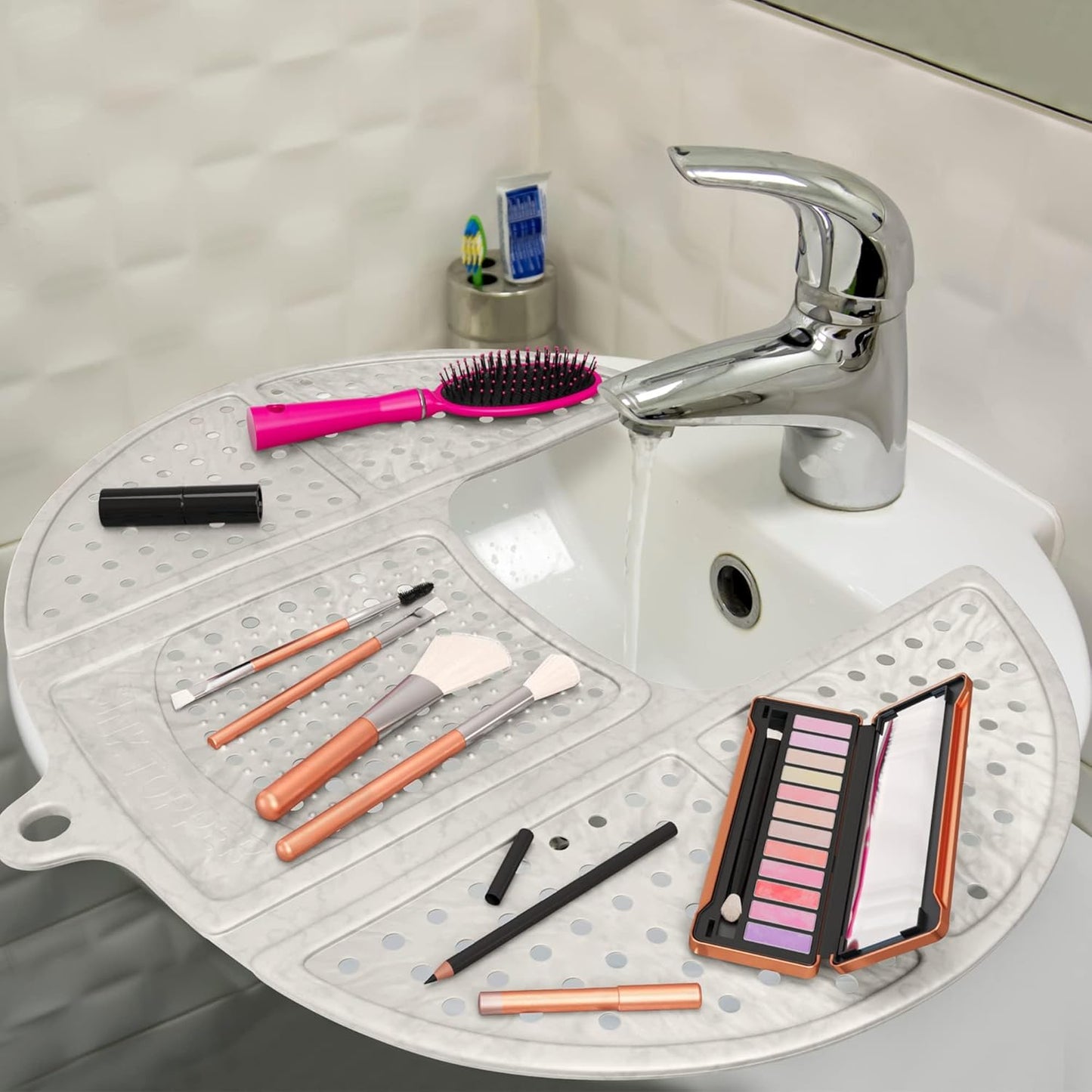 Sink Topper Bathroom Counter Cover & Storage Saver, Foldable Silicone Mat for Hot Tools, Hair Styling & Makeup, Beauty Brush Cleaning Mat, RV Camper Sink Cover & for Small Spaces (Standard Pearl)