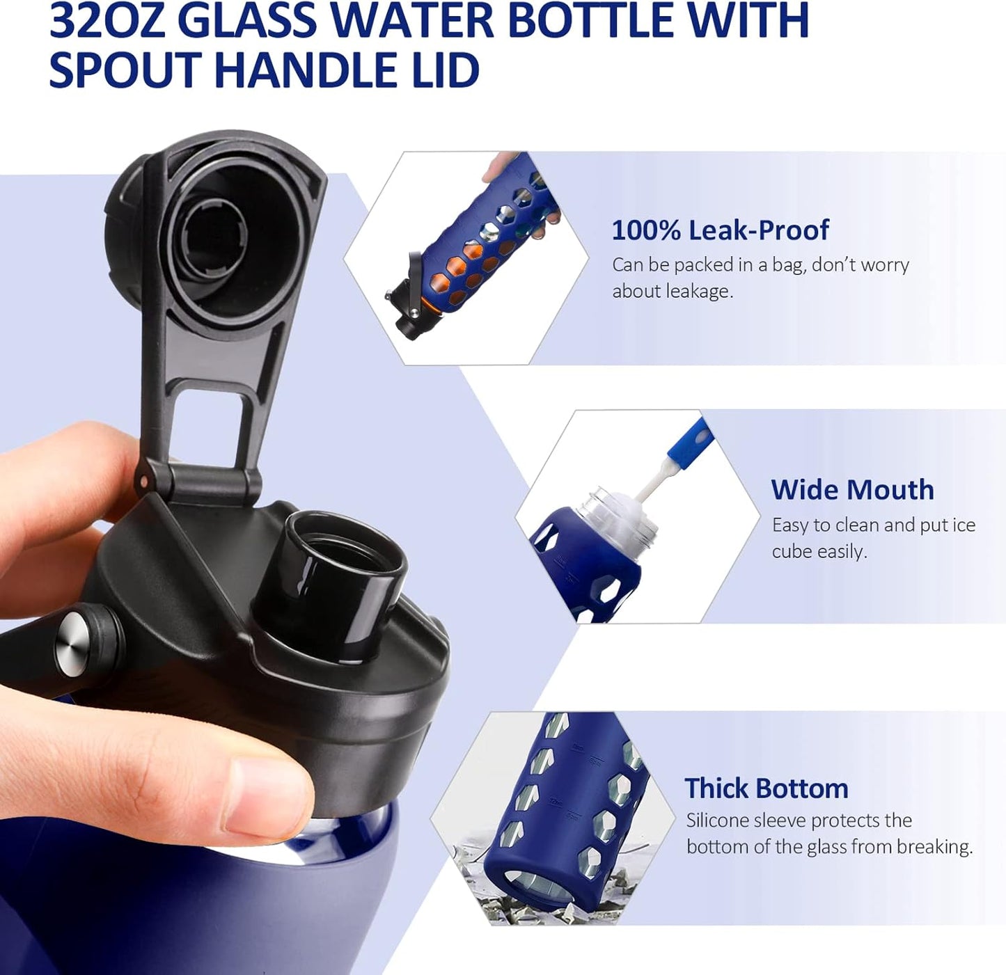 MUKOKO 32oz Glass Water Bottles with 2 Lids-Handle Spout Lid&Bamboo Straw Lid, Motivational Water Tumbler with Time Marker Reminder and Silicone Sleeve, Leakproof-Blue-1 Pack