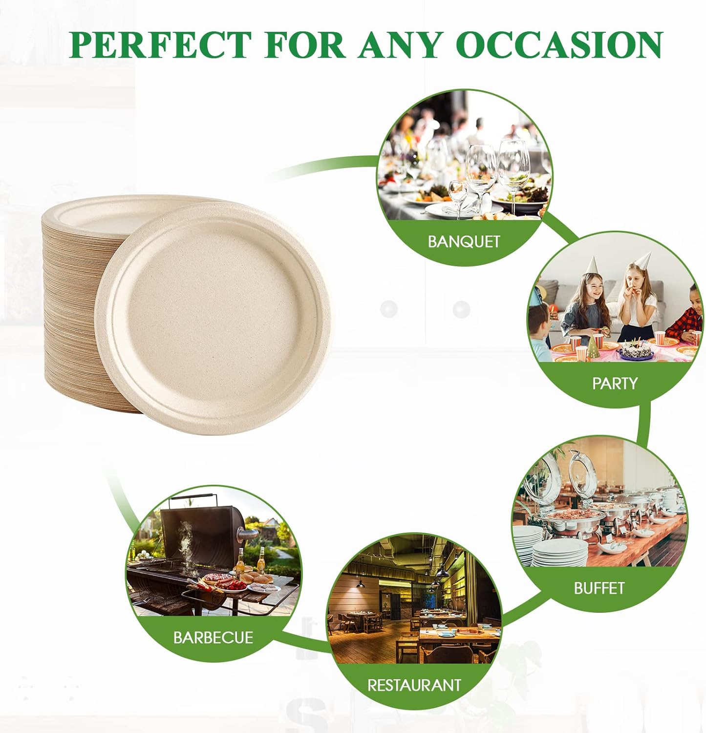 Vplus 200 Pack Paper Plates 7 inch 100% Compostable, Heavy-Duty Disposable Paper Plates Bagasse Natural Biodegradable Eco-Friendly Sugarcane