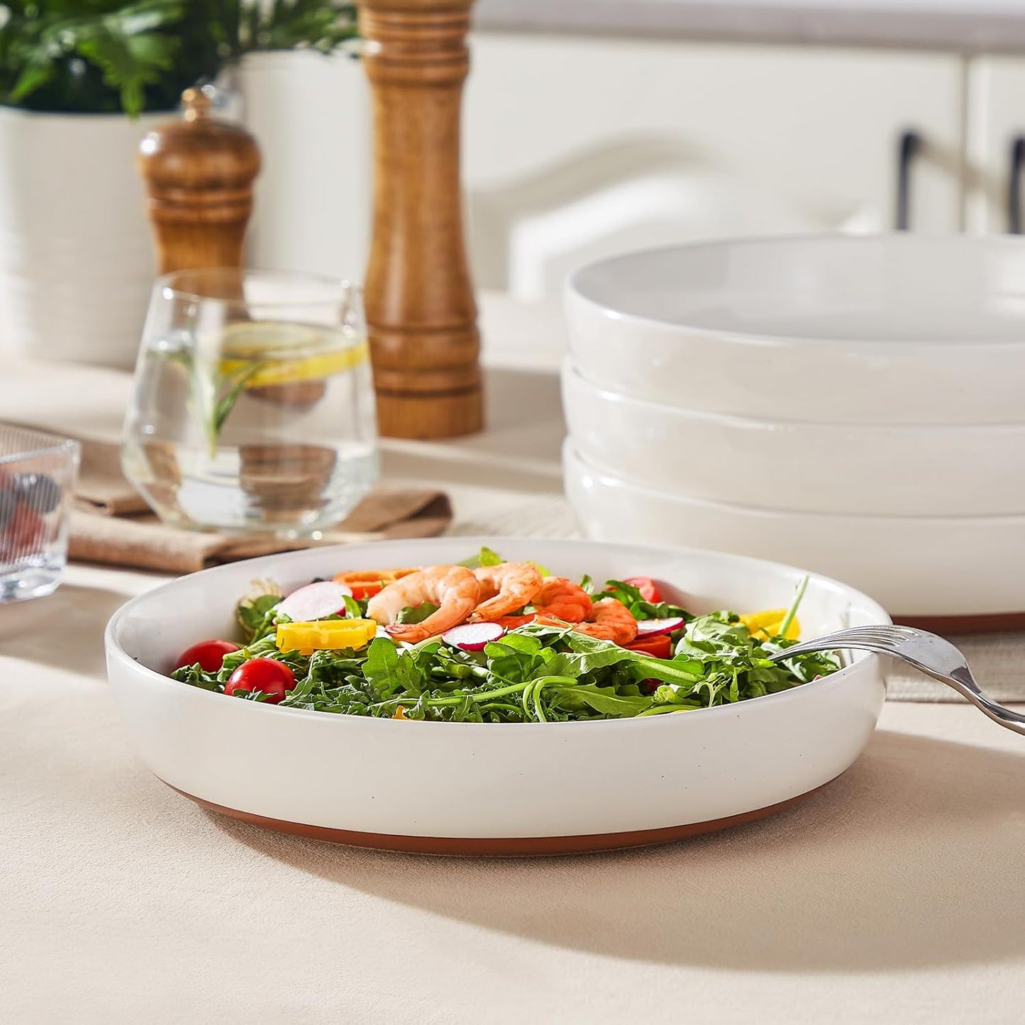 MALACASA 48 OZ Pasta Bowls Set of 4, Large Salad Serving Bowls for Kitchen, Ceramic Soup Bowls Pasta Plates for Dinner, Microwave Dishwasher Safe, Khaki White,Series TARA