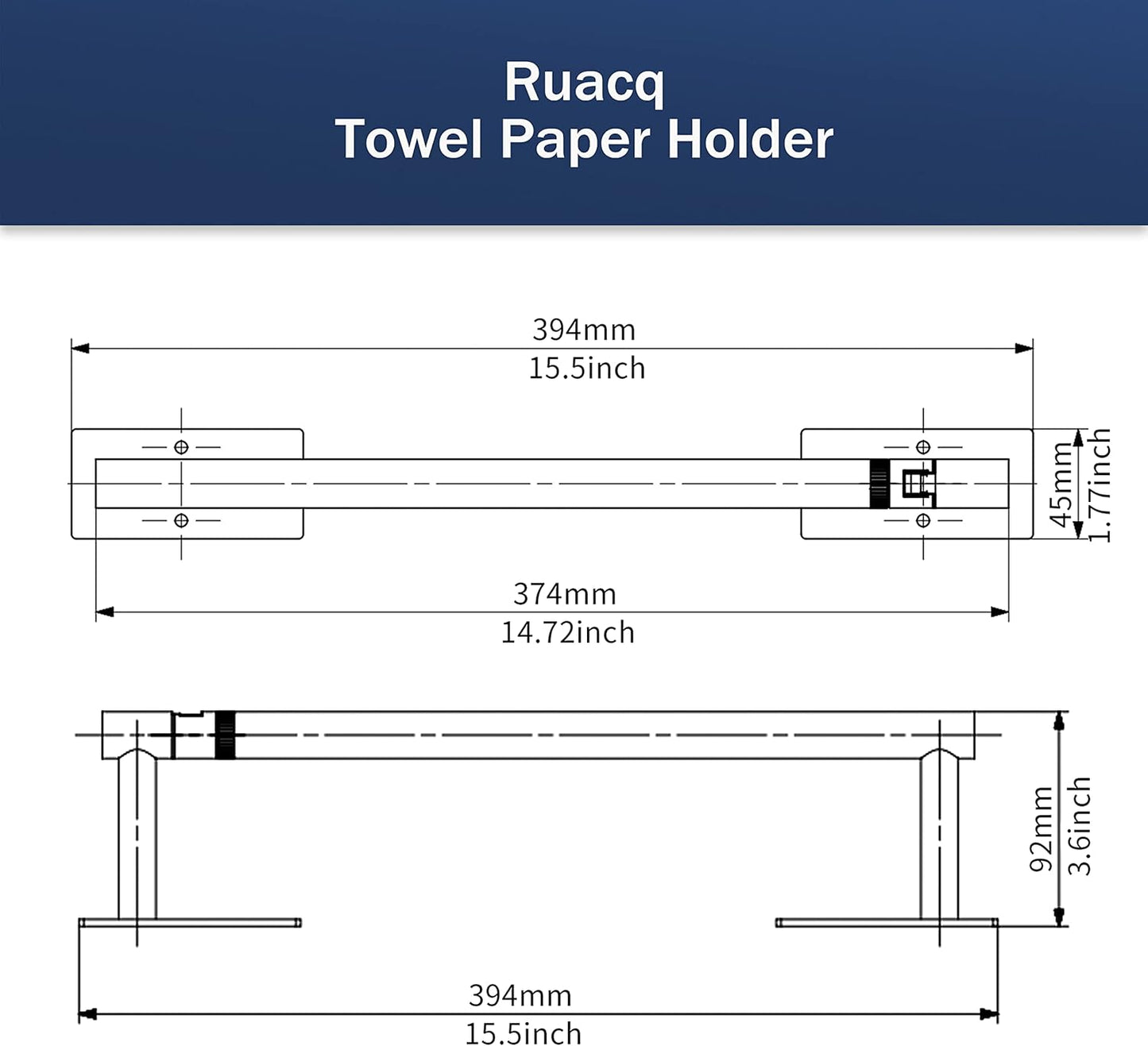 Ruacq Paper Towel Holder Under Cabinet Stainless Steel Double Post Pivoting Square Base Paper Towel Holder for Kitchen Self-Adhesive or Drill mounting (Silver, Large Roll)