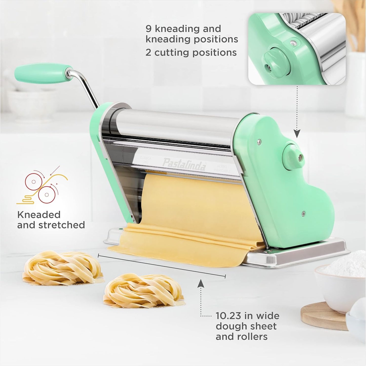 PASTALINDA Classic 260 Pasta Maker Machine, 26 cm Wide Rollers, 9 Thickness Positions, 2 Cutting Positions, Stainless Steel. Includes Reinforced Hand Crank And Two Clamps (Pastel Green)