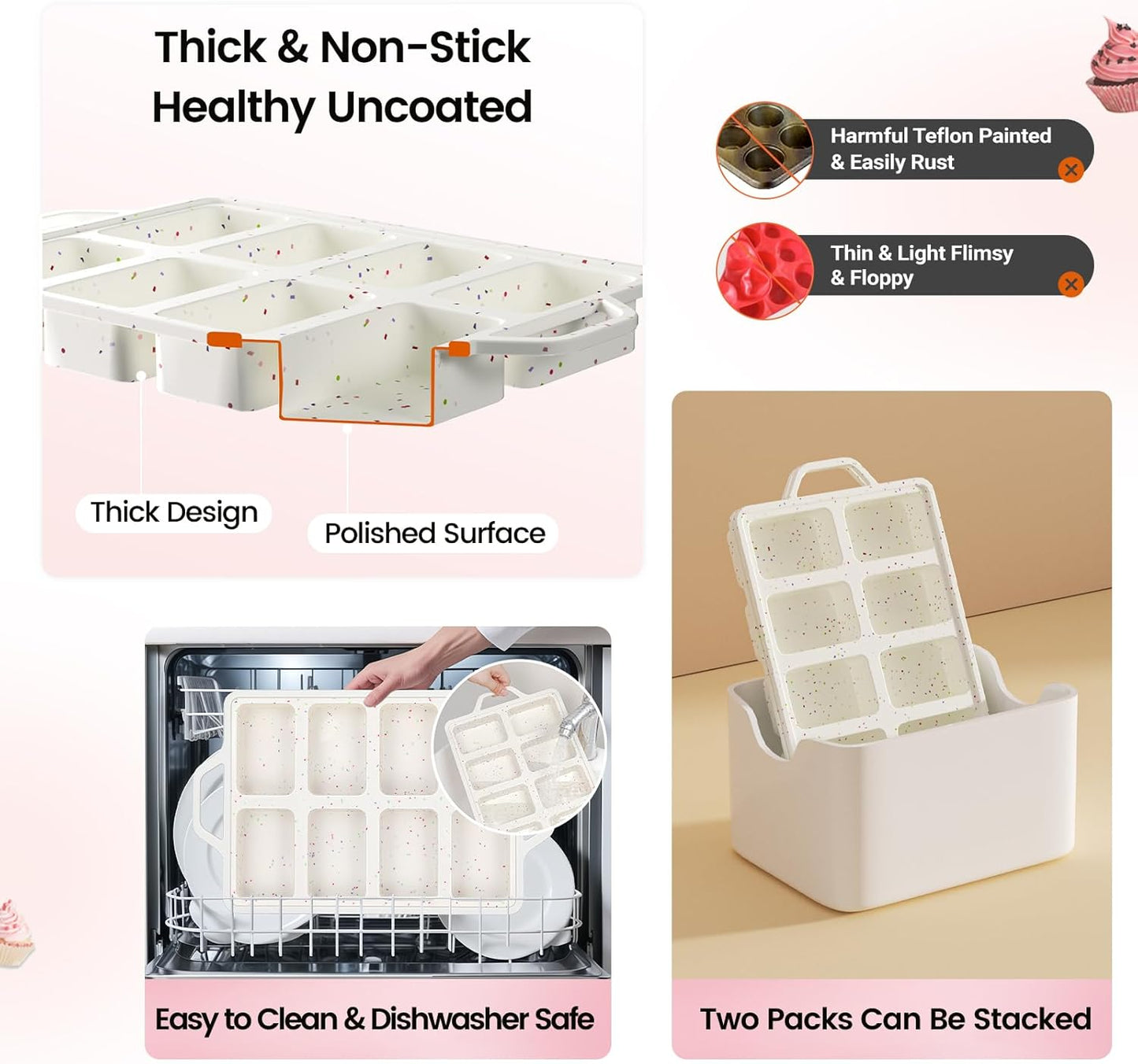 SJ Silicone Mini Loaf Pans with Metal Reinforced Frame-2 Pack, Non-stick Silicone Mini Bread Loaf Pans for Baking 8-Cavity, Tiny Banana Bread Set, Dishwasher Safe Brownie Pan-Cream