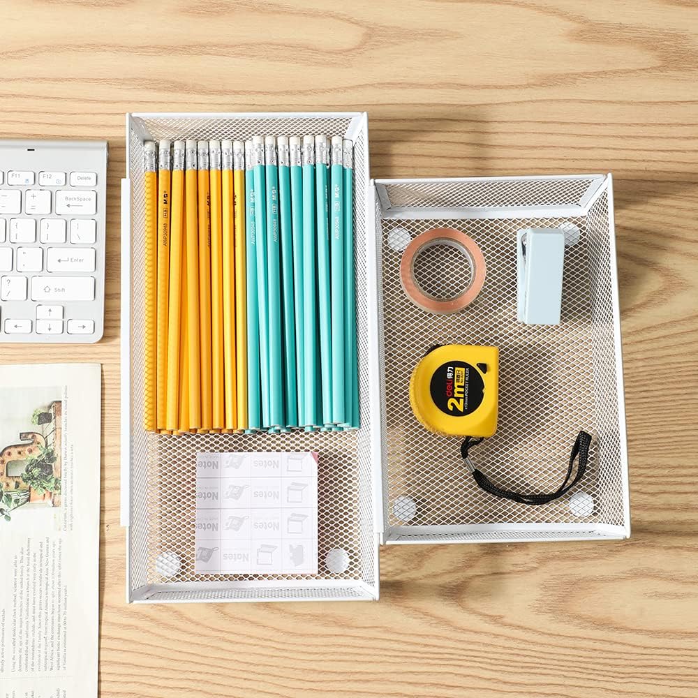 Mesh Tray Kitchen Drawer Utensil Cutlery Tray Office Supplies with Inter-locking Arm Drawer Dividers Organizer for Silverware, Flatware, Home,Office, School,Bedroom(9"X6"4pack) White