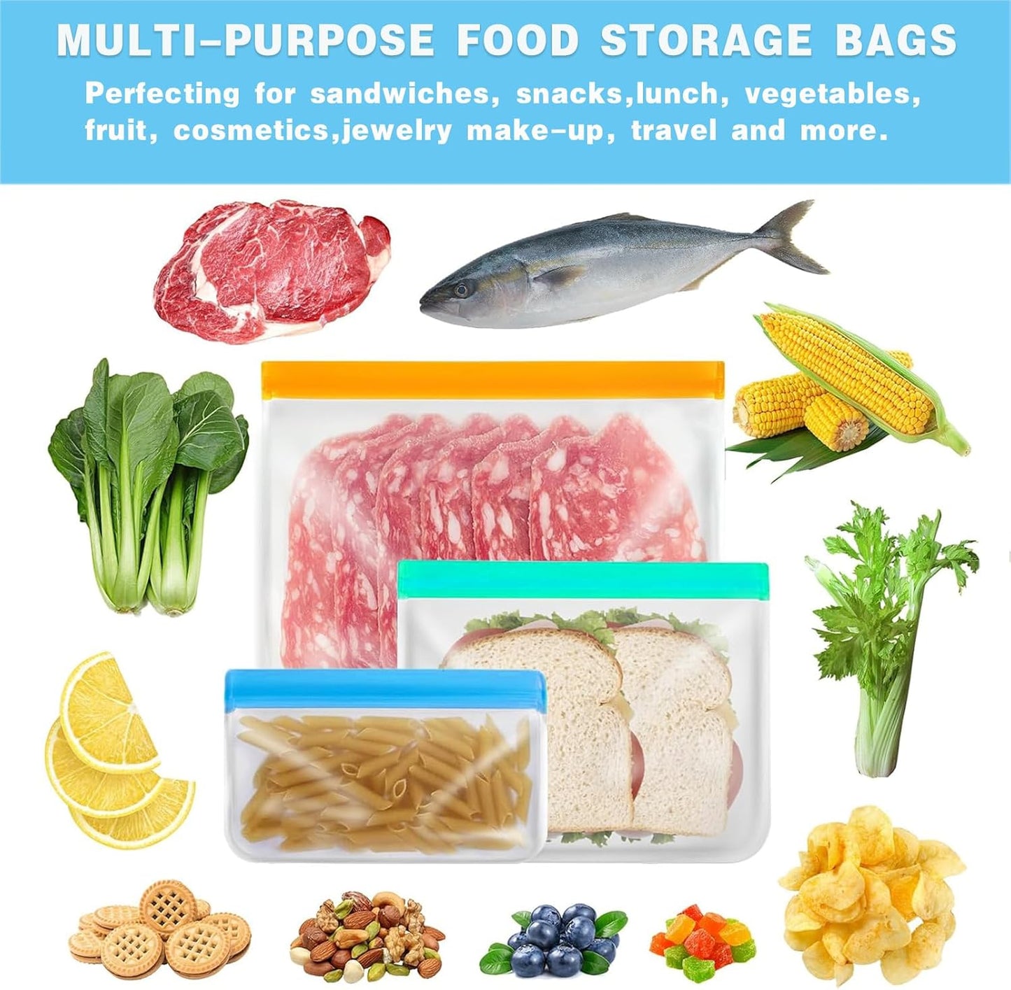 Reusable Snack Bags Dishwasher Safe,10Pack Reusable Bags Silicone Extra Thick Leak-proof Reusable Freezer Bags for Candy, Snack, Cereal, Travel Items, Home Organization(Orange)