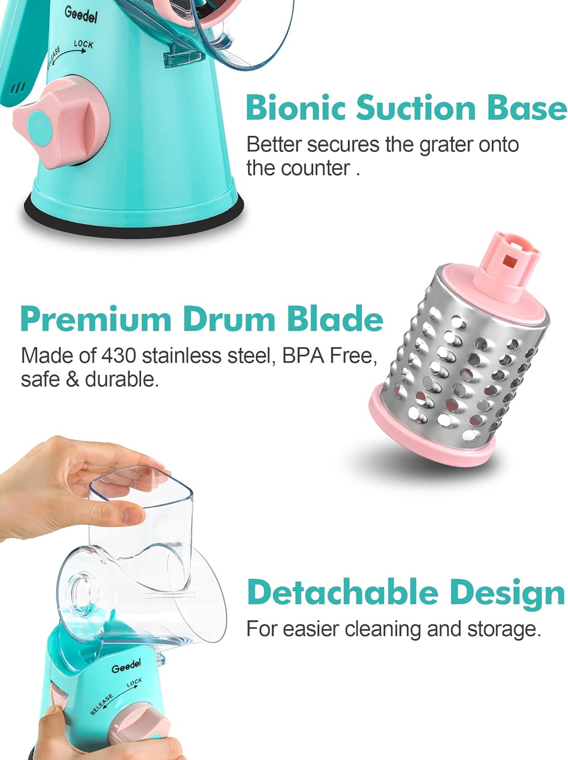 Geedel Rotary Cheese Grater, Kitchen Mandoline Vegetable Slicer with 3 Interchangeable Blades, Easy to Clean Rotary Grater Slicer for Fruit, Vegetables, Nuts