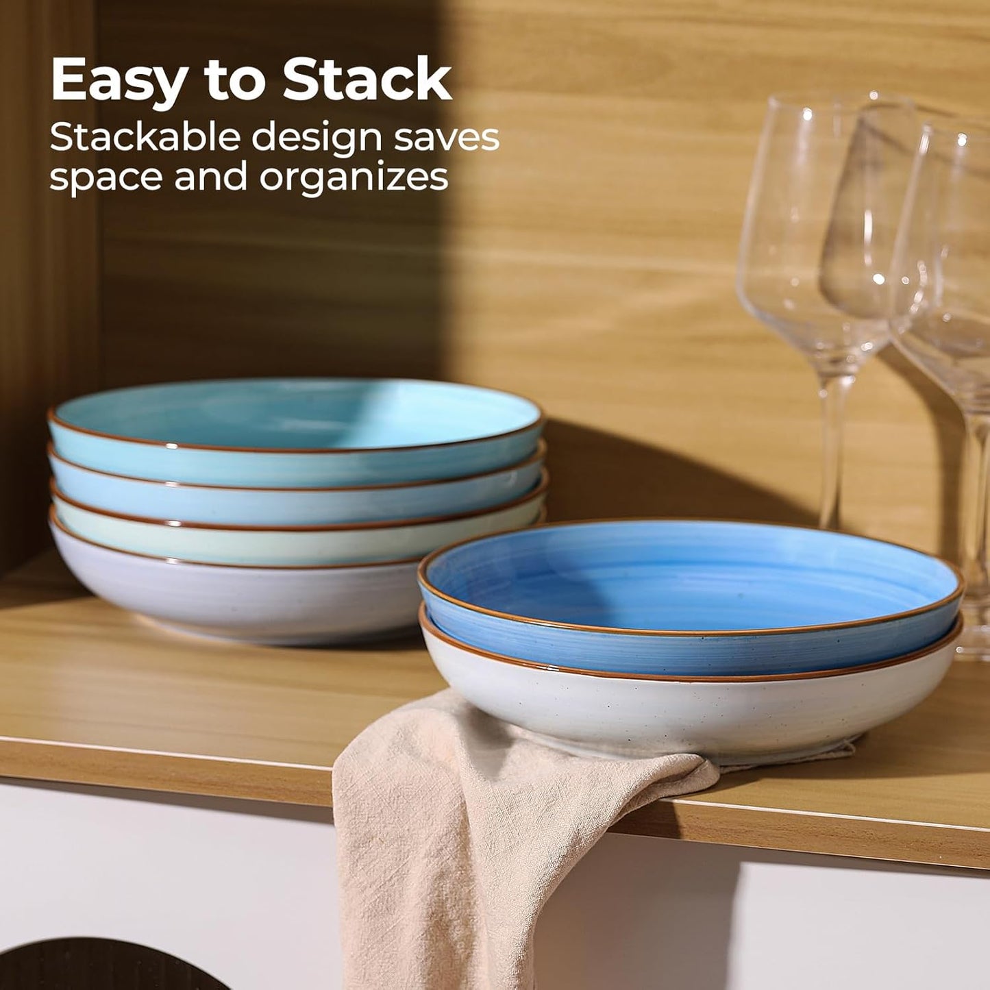 Y YHY 8.5'' Pasta Bowls Set of 6, 30 oz Ceramic Shallow Salad Bowls, Large Serving Soup Bowls Pasta Plates, Microwave & Dishwasher Safe Dinnerware Valentine's Day Gift, Gradient Blue