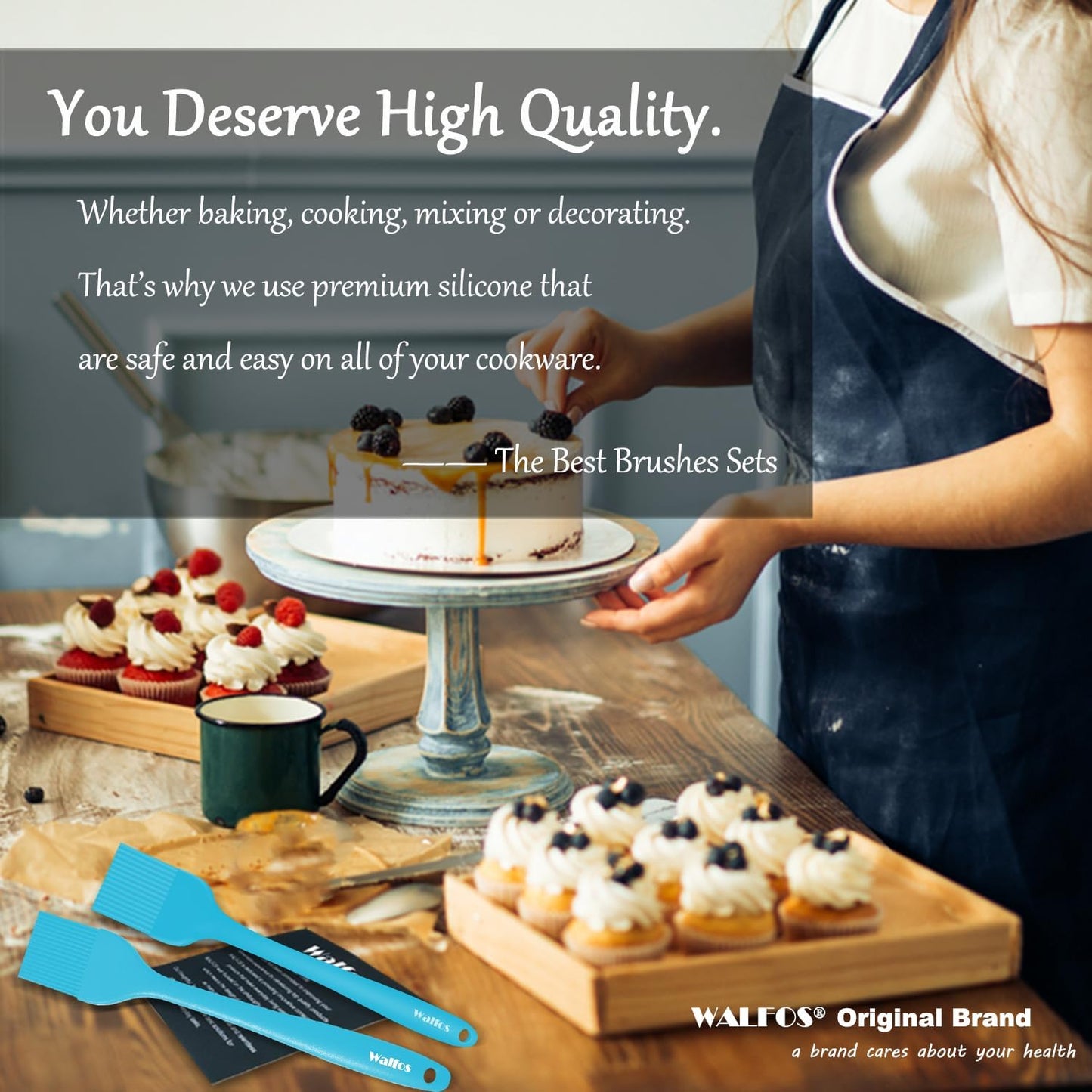 Walfos Silicone Basting Pastry Brush, Heat Resistant Pastry Brush Set, Strong Steel Core and One-Pieces Design, Perfect for BBQ Grill Baking Kitchen Cooking, BPA Free and Dishwasher Safe, 2 Pcs (Blue)