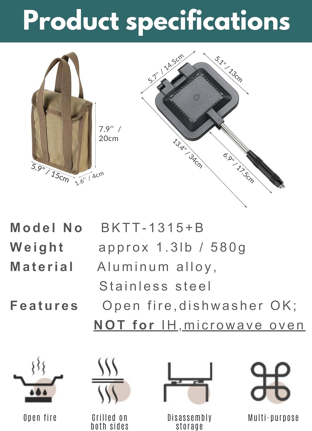 camping moon Sandwich Maker Hot Sand Single Burner Gas Fire Open Fire Compact Aluminum TT-1315 (Black w/bag)