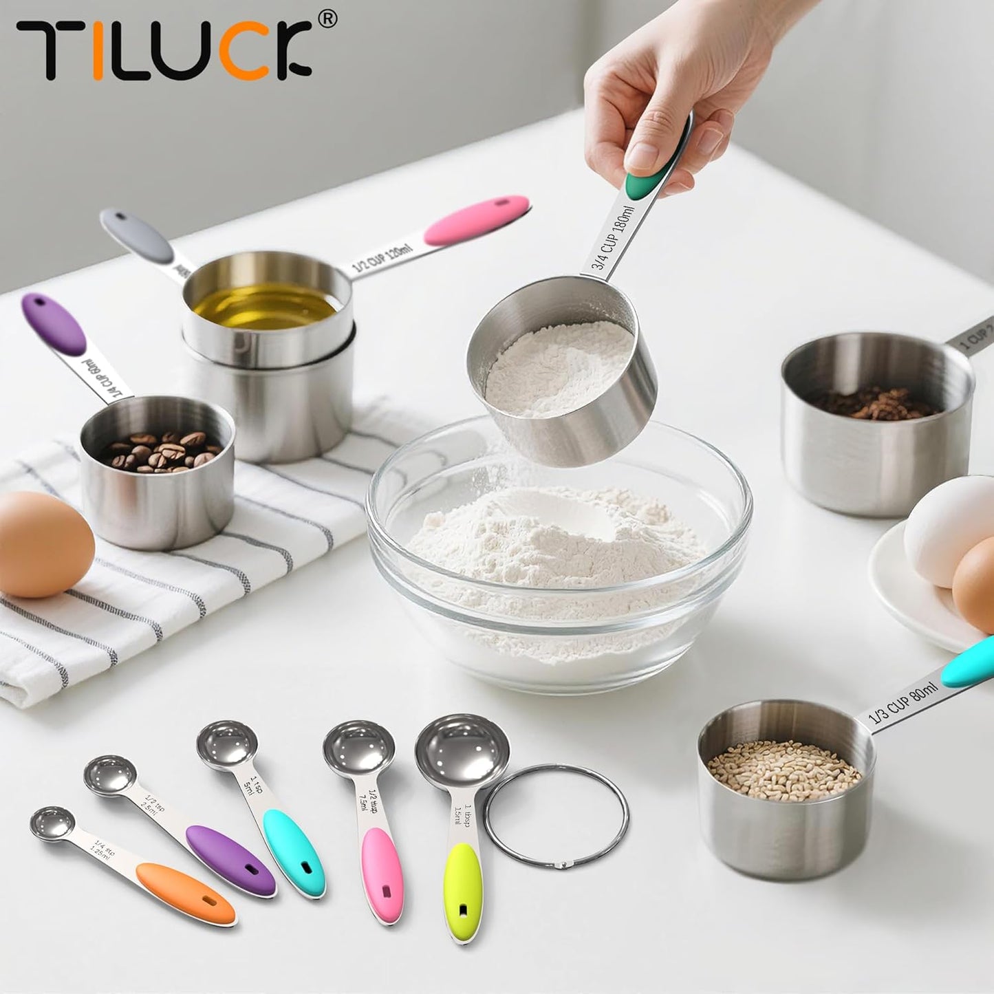 TILUCK Measuring Cups and Spoons Set, Stainless Steel, Kitchen Utensils for Cooking and Baking (10, Colorful)