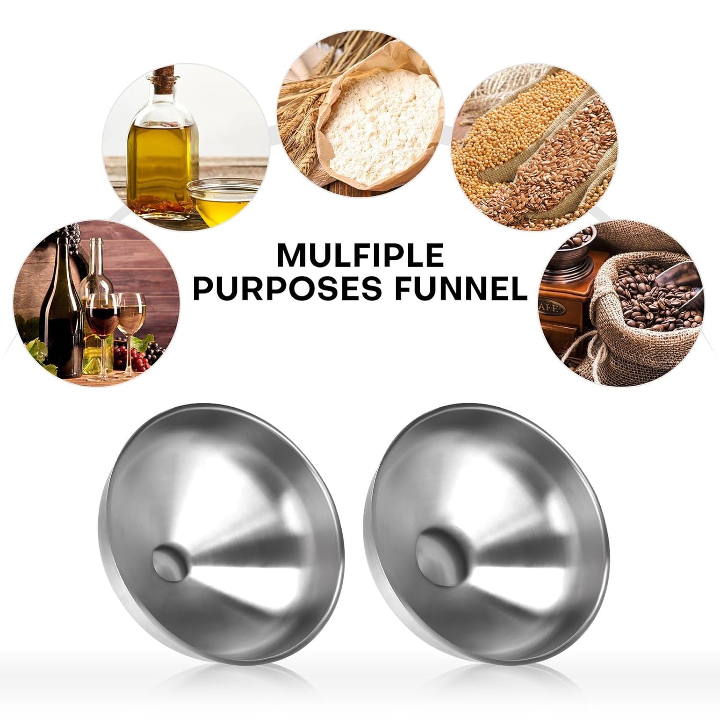 2-Piece Stainless Steel Kitchen Funnel Set with 1-Inch and 0.5-Inch Ports for Transferring and Filling Liquids, Coffee Beans, Spice Blends, and Powders Easy to Clean!