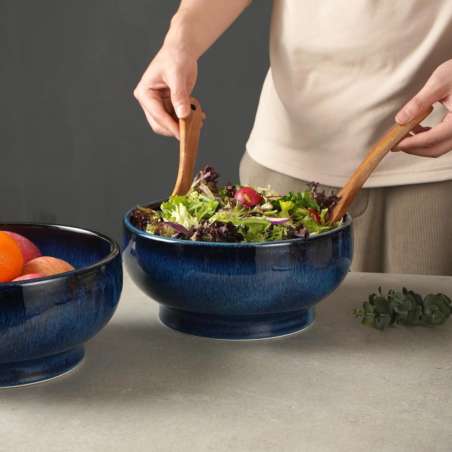 Extra Large Salad Bowl,Decorative Fruit Bowl,Kitchen Ceramic Bowl for Fruit & Salad,120 oz Footed Serving Bowl for Entertaining (starry blue)