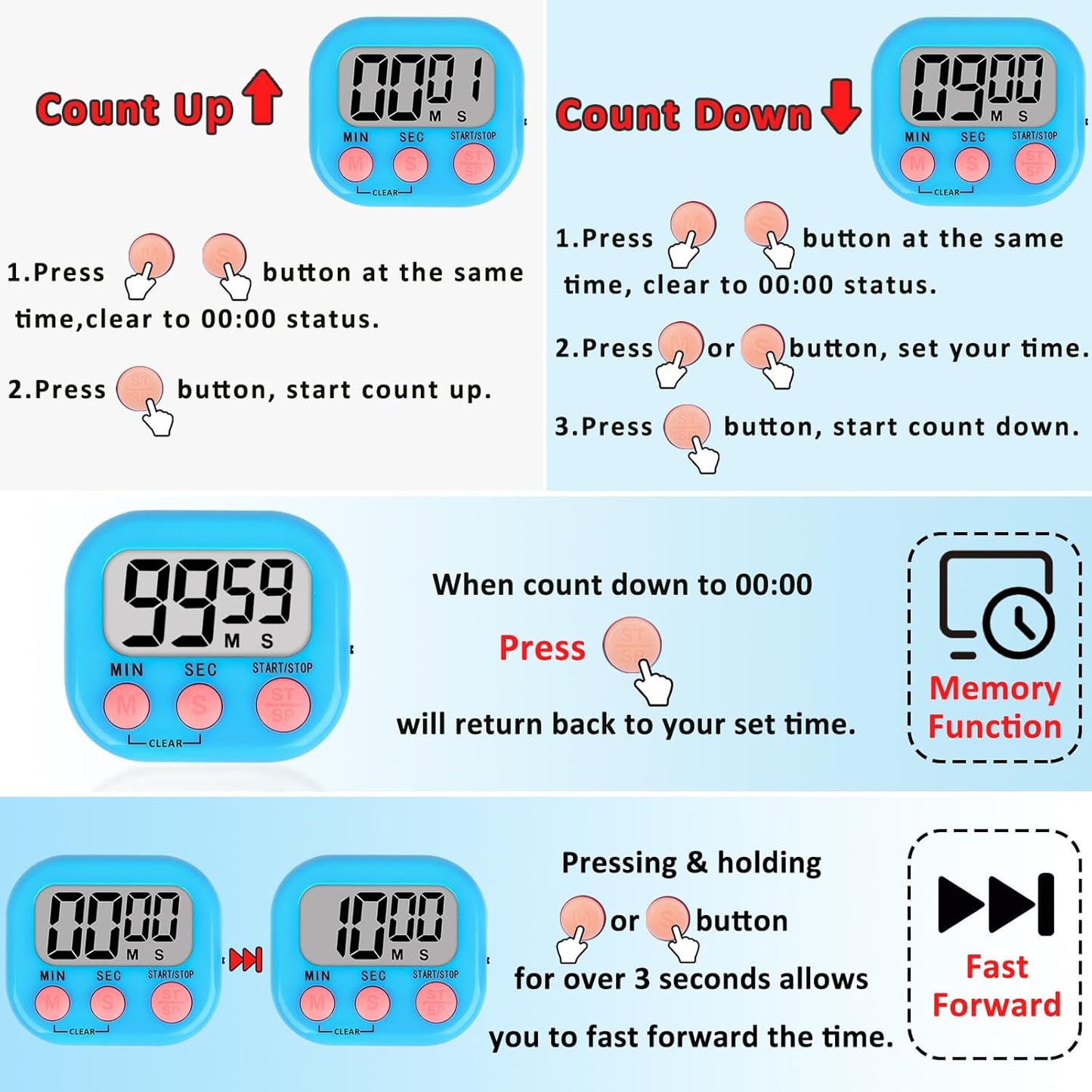 ZILLEEN 12 Pack Kitchen Timers for Cooking Digital Classroom Timers for Teachers Kids White Blue Green