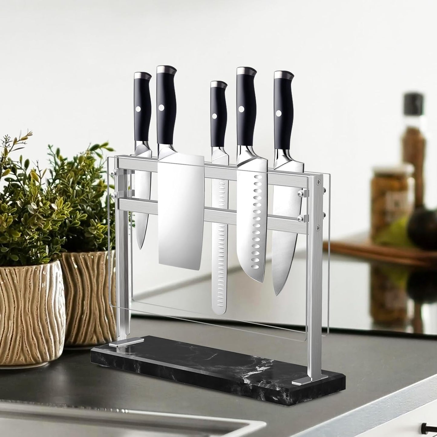 YIIYIIN Magnetic Knife Block with Acrylic Shield - Marble Based Double Side Magnetic Knife Stand - Kitchen Magnetic Knife Holder - Knife Storage - Knife Holders for Counter Top - Black