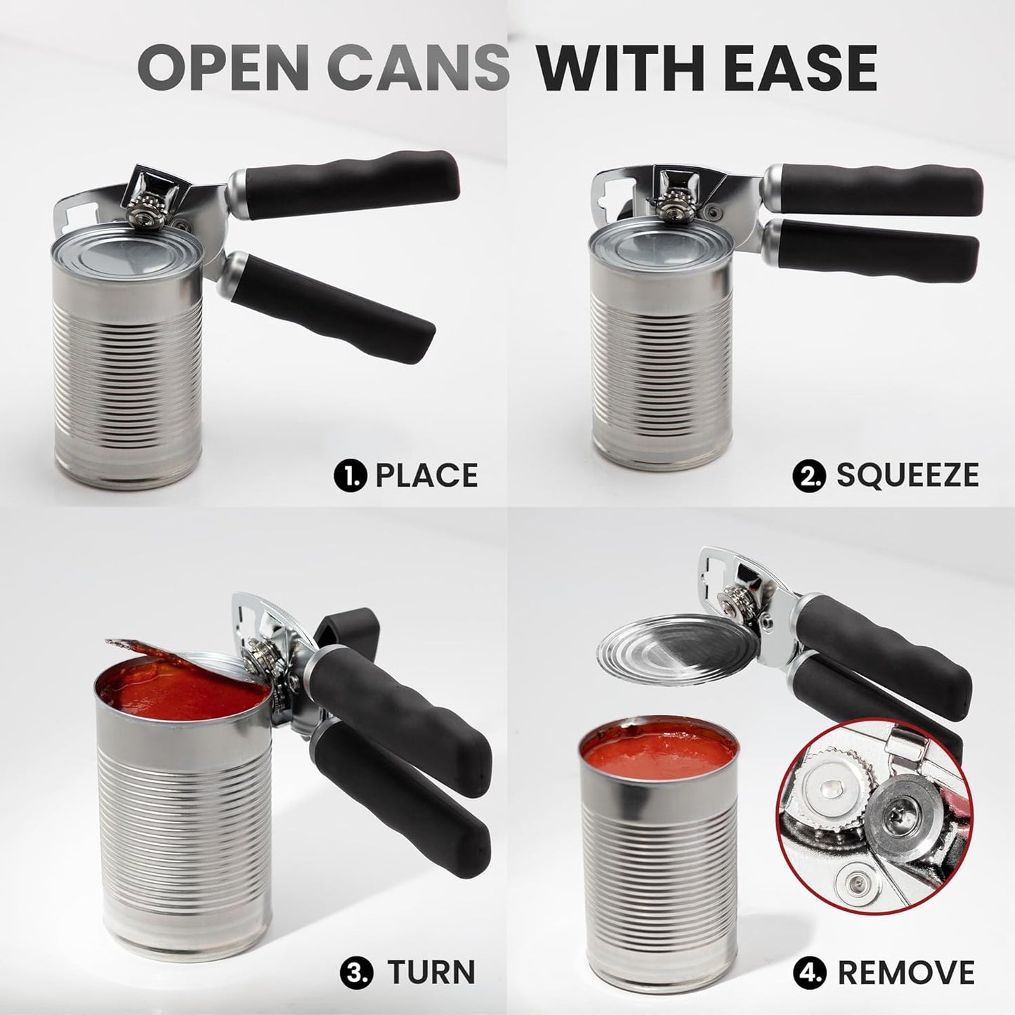 Zulay Kitchen Heavy Duty Stainless Steel Can Opener Manual with Bottle Opener - Rust Proof Manual Can Opener With Turn Knob & Comfy Soft Grip Handles - Black