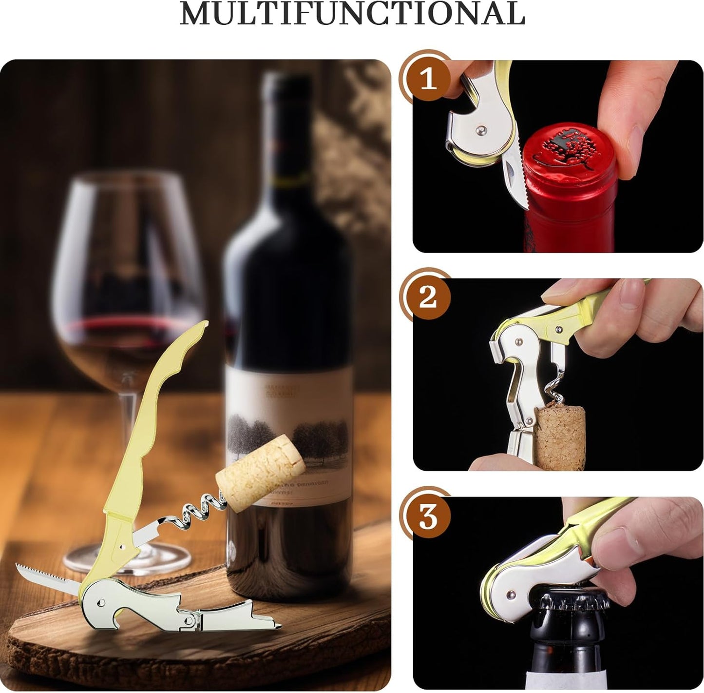 HYZ 2-Pack Wine Opener Waiter Corkscrew, Professional Wine Key for Servers, Bartender with Foil Cutter, Manual Wine Bottle Opener Double Hinged (Light Yellow)