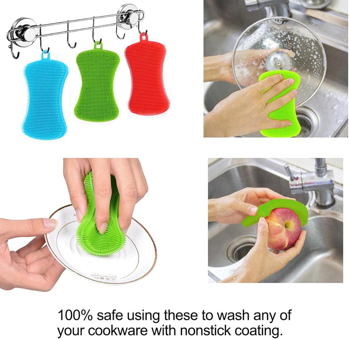 Silicone Sponge Dish Washing Kitchen Scrubber, 6 Pack Reusable Dish Washing Cleaning Sponges Double-Sided Multipurpose Non Stick Silicone Dish Sponges for Dishes, Fruit, Vegetable (Multicolor)