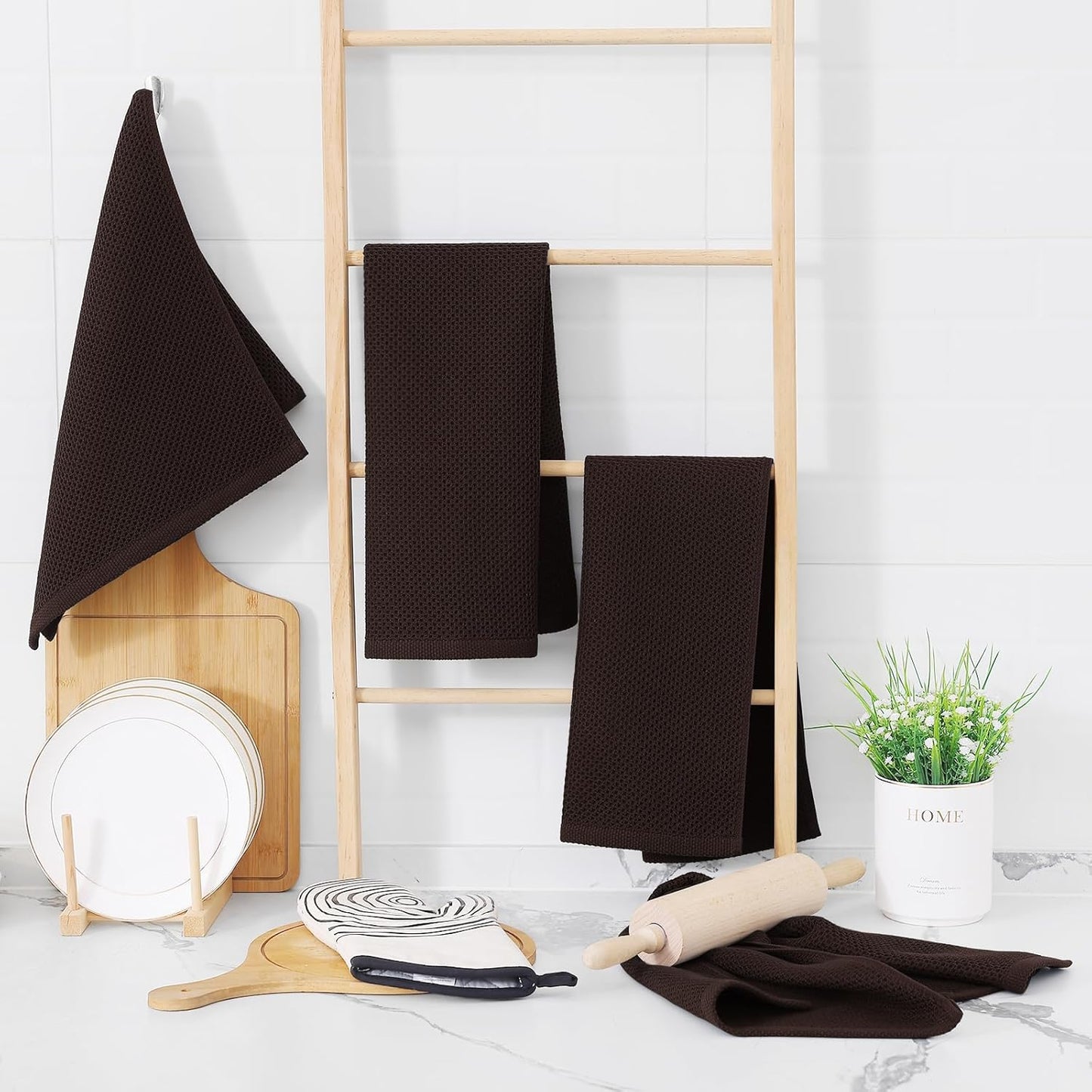 Homaxy 100% Cotton Waffle Weave Kitchen Dish Towels, Ultra Soft Absorbent Quick Drying Cleaning Towel, 13 x 28 Inches, 8-Pack, Dark Brown