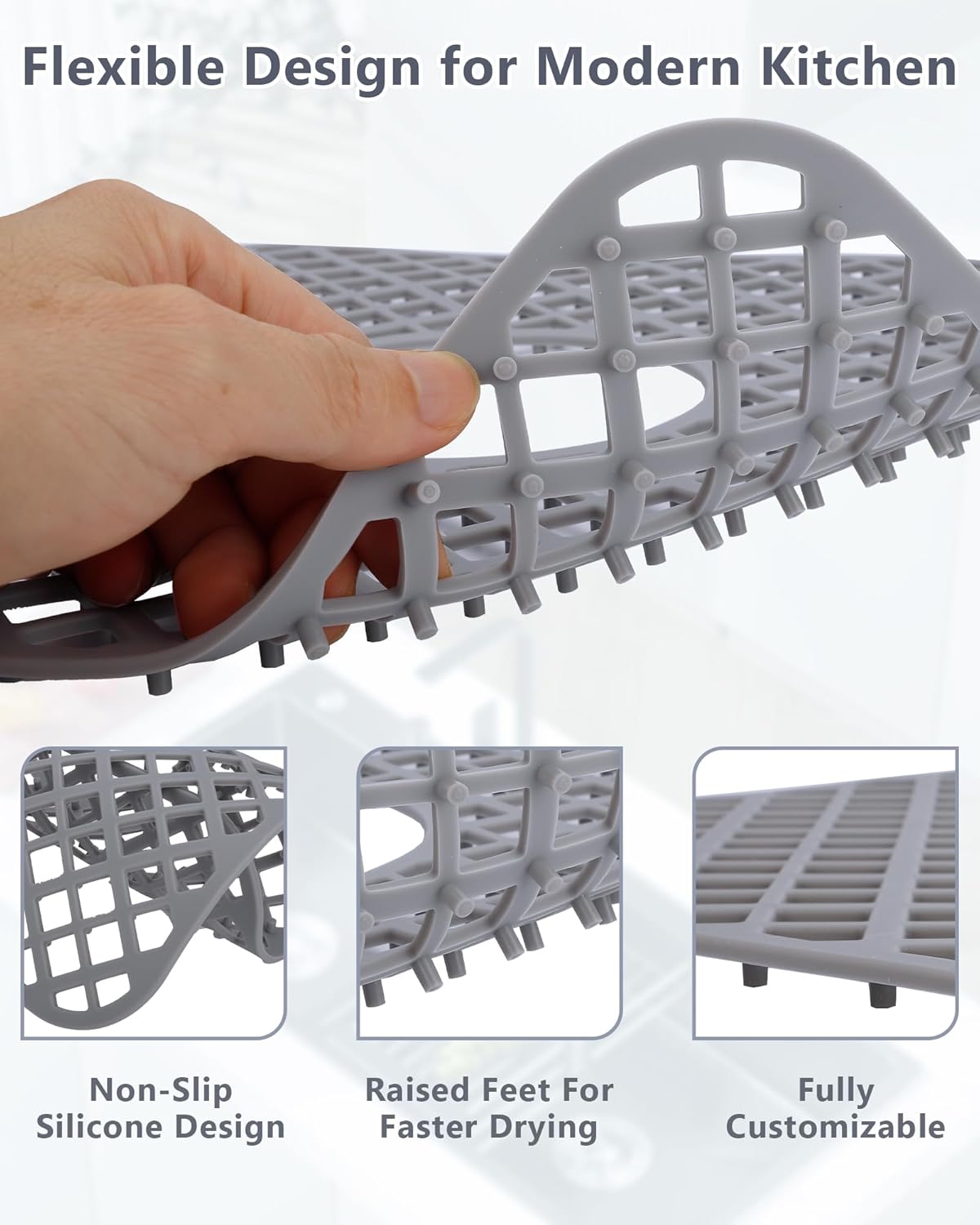 2 Pack Silicone Sink Protector for Kitchen Sink, Lozenge Pattern 13 x 11 inches Sink Grid Mat Silicone Protectors, Center Drain, Gray