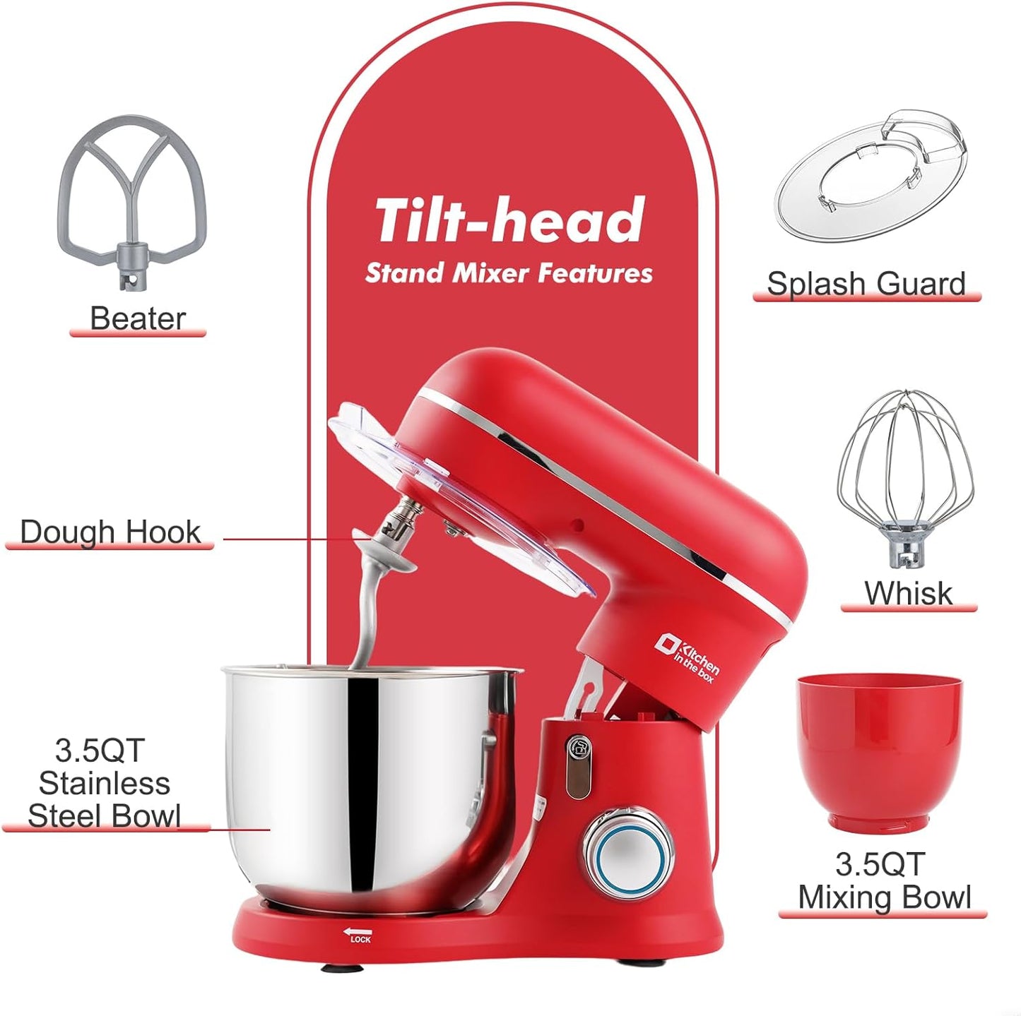 Kitchen in the Box Stand Mixer, 3.5QT Two Bowls Small Kitchen Electric Mixer, 10-Speed Portable Lightweight Matte Finish with Egg Whisk, Dough Hook, Beater (Matte Red, 3.5QT)