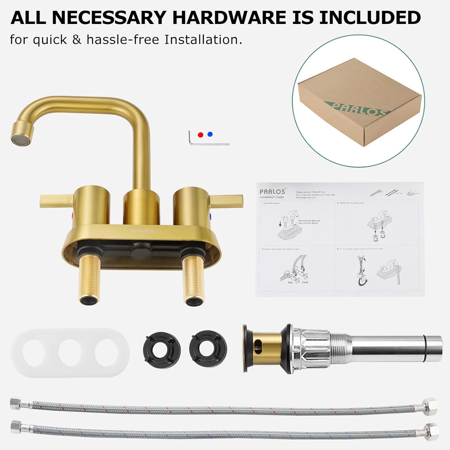 PARLOS 2-Handle Brushed Gold Bathroom Faucet for Lavatory with Pop-up Sink Drain and Faucet Supply Lines, 1431608
