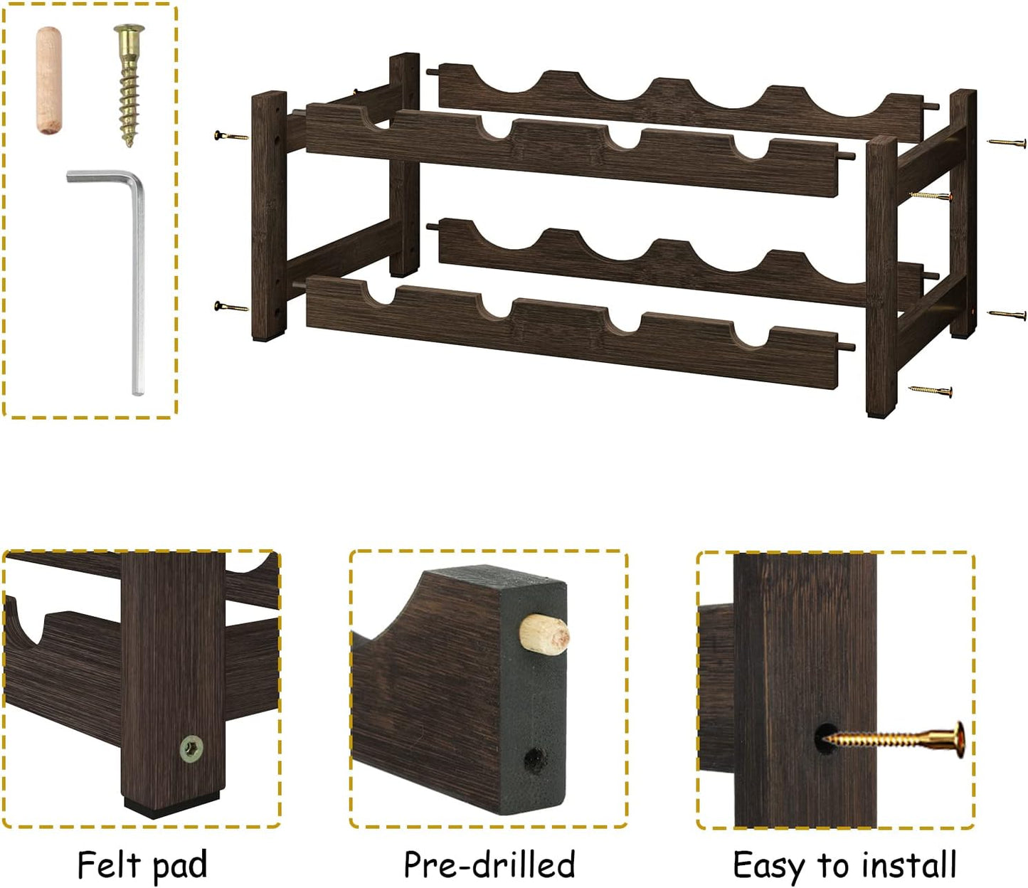 BAMEOS Wine Rack Freestanding 2 Tier 8 Bottle Bamboo Wine Racks Countertop Cabinet Wine Holder Wine Storage Shelf for, Bar, Pantry Wine Cellar Basement Countertop Mocha (16.85 L x 9.25W x 7H