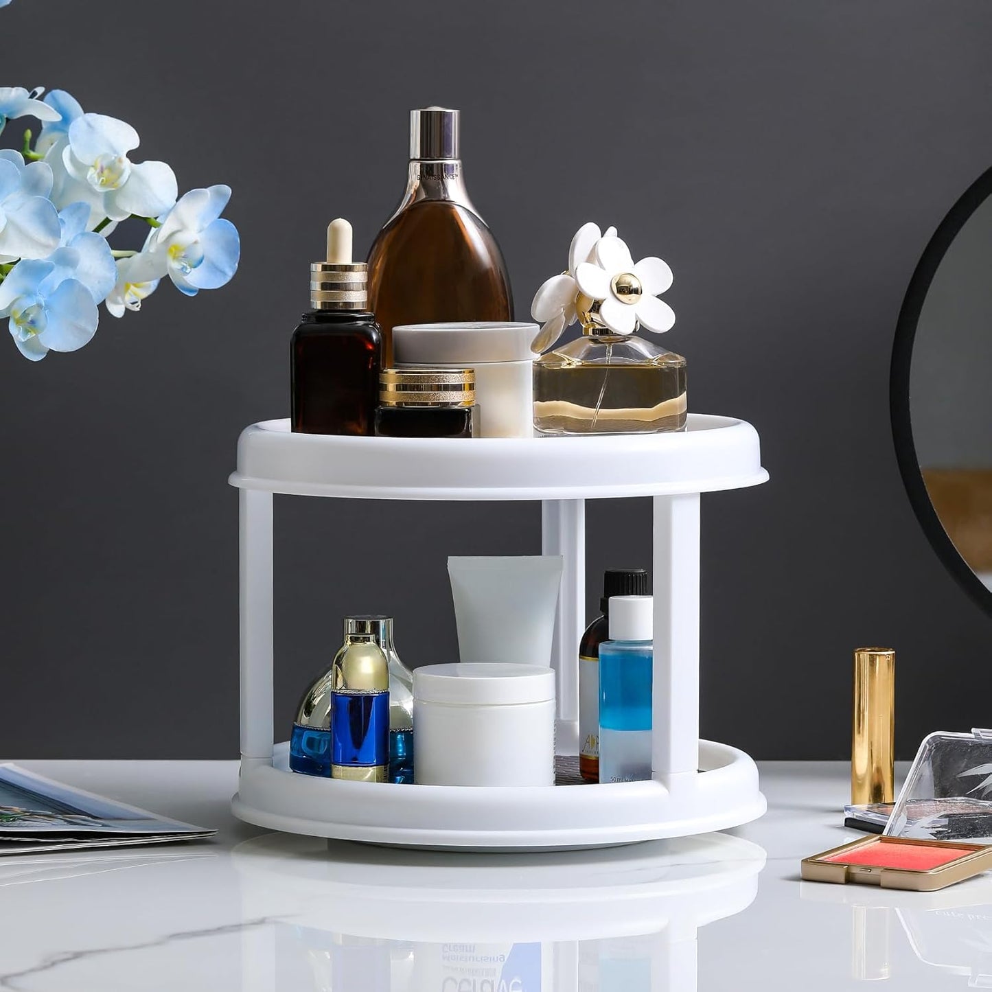 2 Pack, 2 Tier 10" Turntable Lazy Susan Spice Organizer - Rotating Seasoning Rack Spinner for Pantry Cabinet Kitchen Countertop, Table Top Organizing - Multiuse Two Tier Rotating Organization Rack