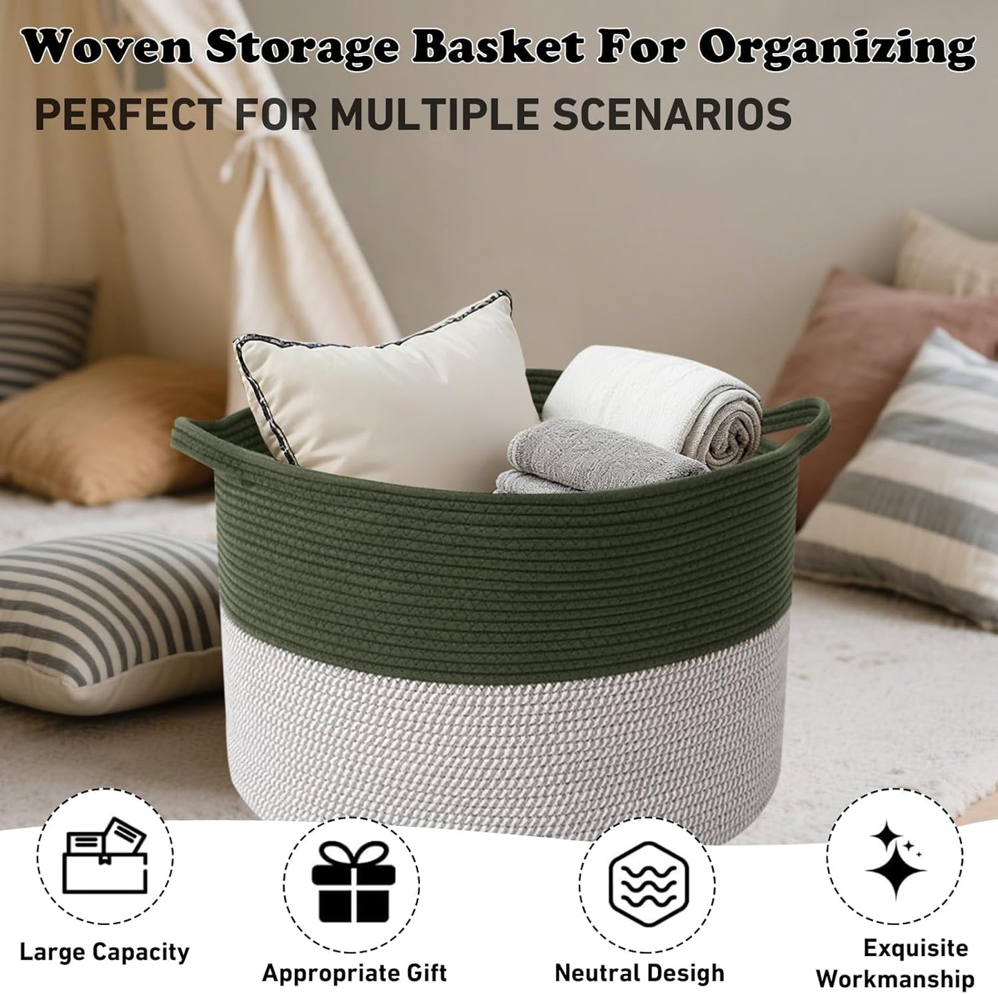 Large Blanket Basket for Organizing,115L Closet Organizers and Storage Bins Box for Shelves Woven Rope Storage Baskets,Living Room,Bedroom,Dorm,Laundry room (Green&White)