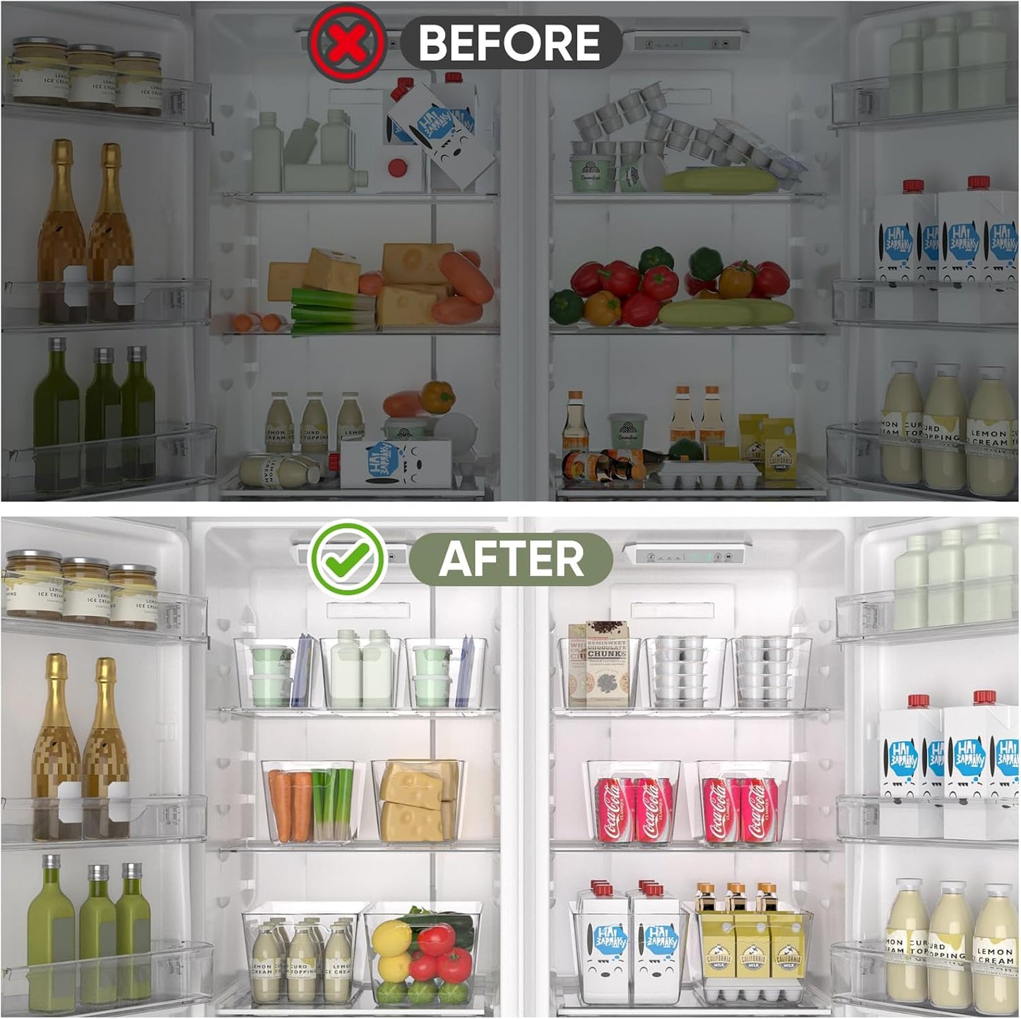 BALEINE Clear Plastic Storage Bins, Pantry Organization, BPA Free Stackable Refrigerator Organizers and Storage with Handles for Kitchen Fridge Cabinet Bathroom (4PK, 13x7.4x6.2)