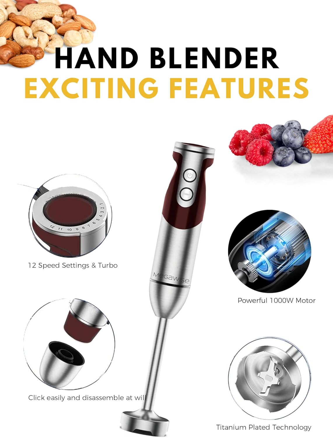 MEGAWISE new Hand Blender Series Single Hand Blender,no attachments,12-Speed,Includes Powerful Blender Stick- Easy to Clean and Perfect for Smoothies, and More (RED)