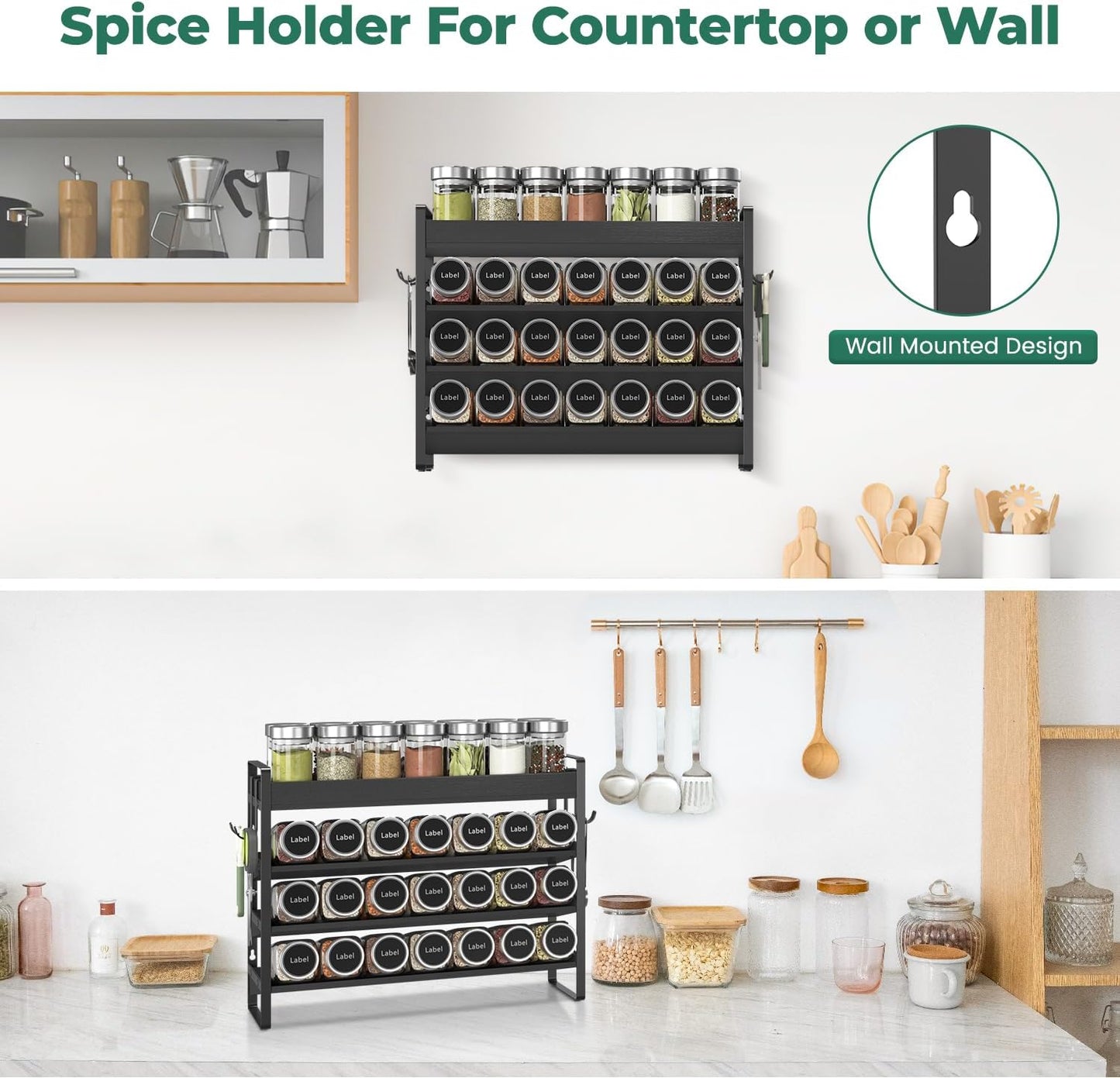 EsLuker.ly Spice Seasoning Rack Organizer Kitchen Countertop, 4 Tier Bamboo Spice Shelf Holder Storage with 4 Hooks, Wall Mounted Freestanding Stand for Pantry, Black (Jars Not Included)