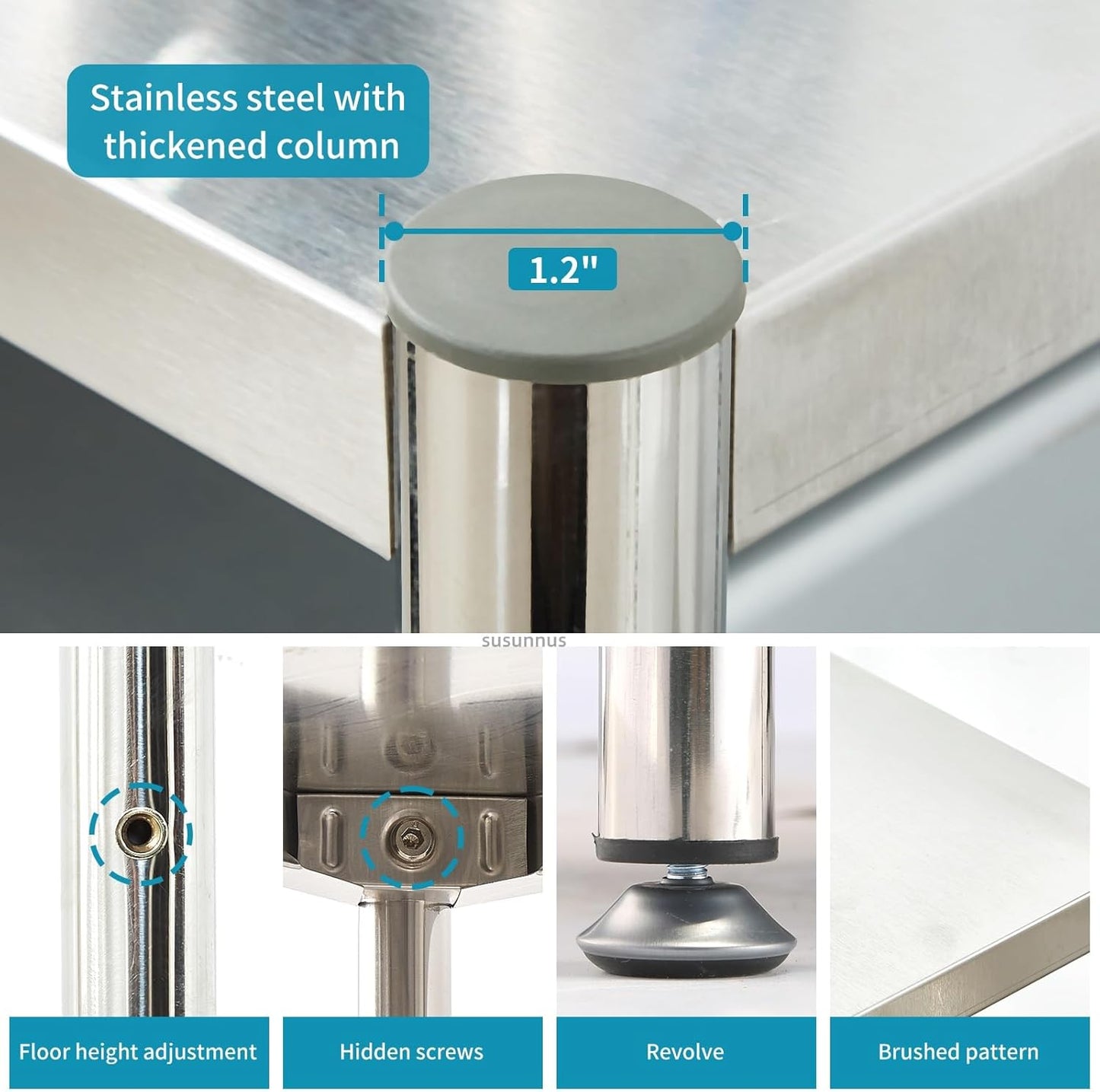 susunnus 4-Tier Stainless Steel Shelf, Heavy Duty Shelving for Kitchen, Garage, Industrial Storage, Kitchen Shelves Adjustable Feet, Easy to Clean(24.8in*15,8in Without Guardrails)