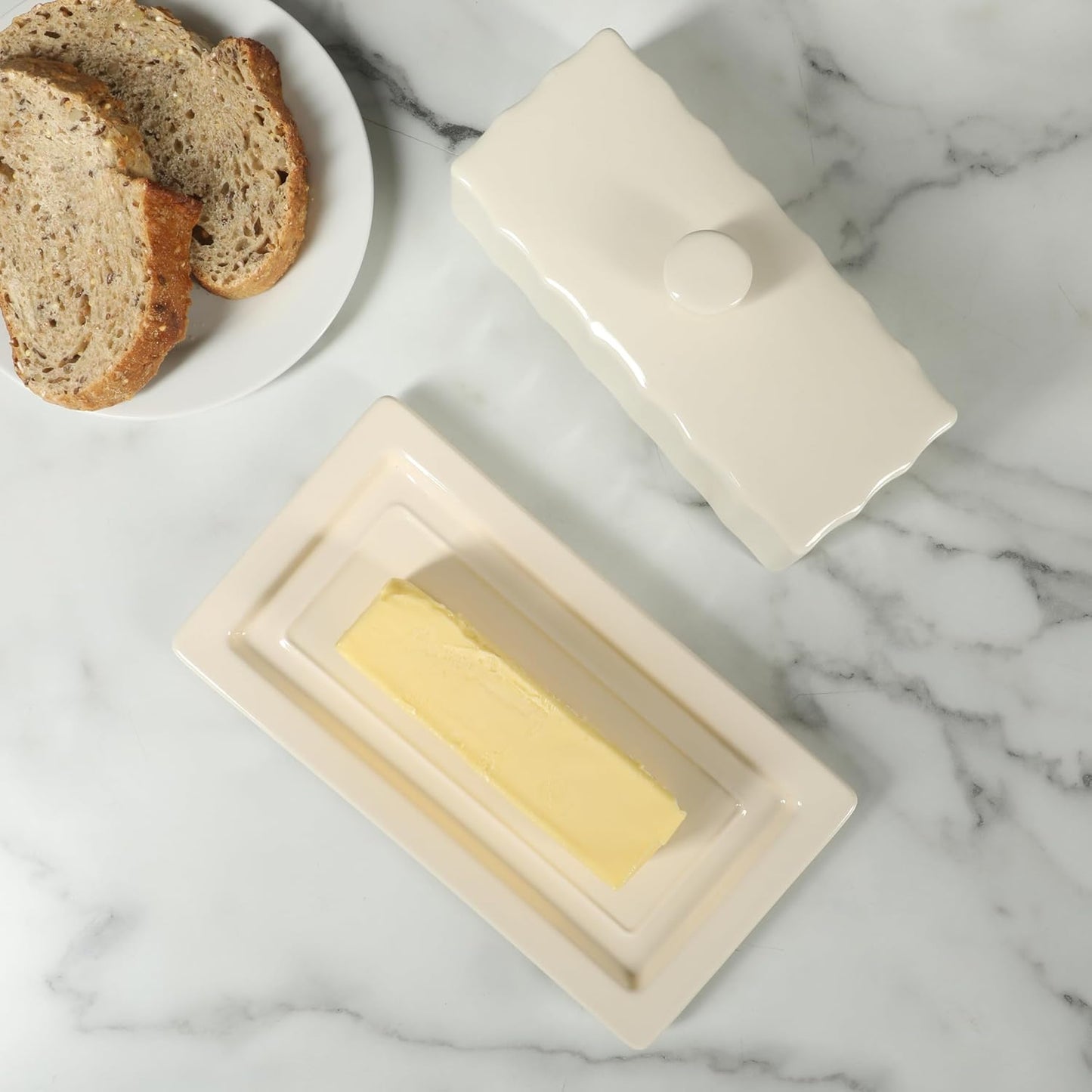 Martha Stewart Broadbrook Stoneware Butter Dish with Lid, Rectangular Covered Butter Keeper, 8.1 x 4.4 x 3 Inches, Classic Cream Glaze, Dishwasher Safe Ceramic Storage for Counter or Table