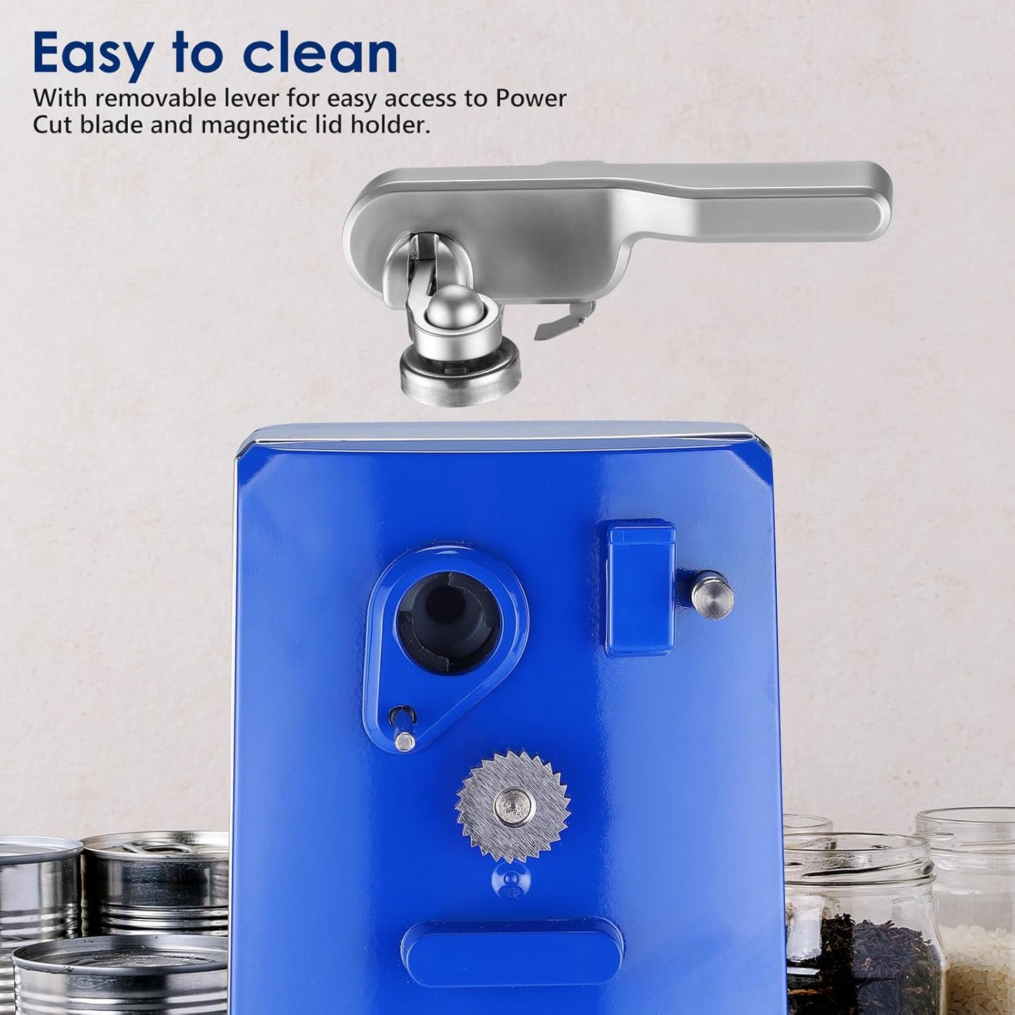 Davivy Electric Can Opener for One Touch Lid Opening,Removable Stainless Steel Cutter and 3-in-1 Design with Knife Sharpener and Bottle Opener. Blue