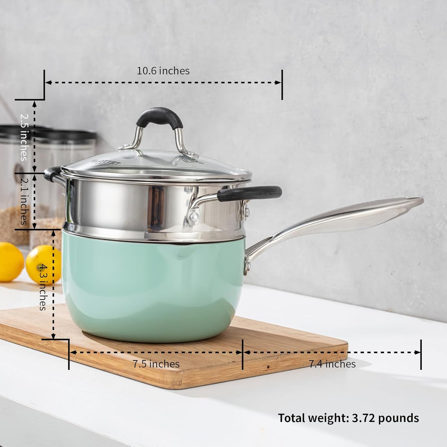 Ceramic Nonstick Tri-Ply Stainless Steel Sauce Pan with Steamer,2.5 Quart Small Multipurpose Pot with Pour Spout,Strainer Glass Lid, 2qt Saucepan for Cooking with Stay-cool Handle,Green