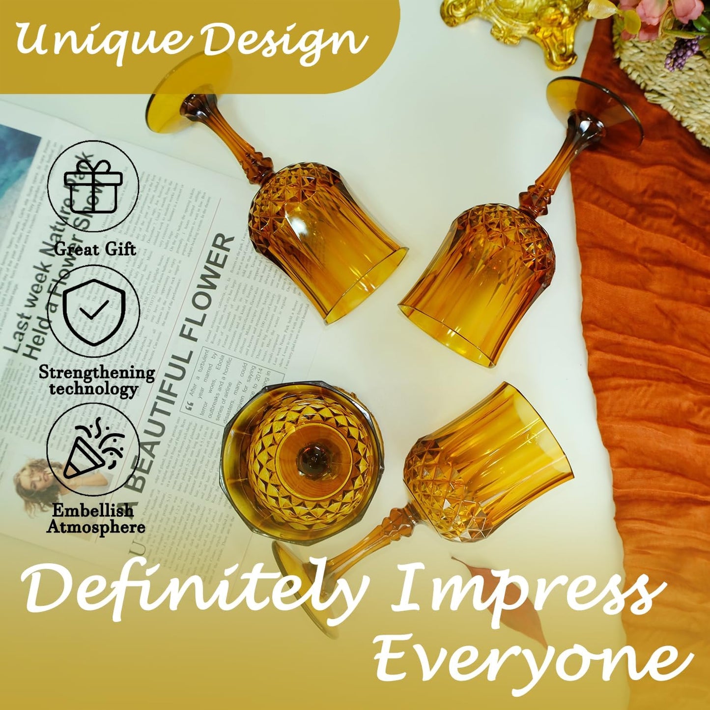 Plastic Wine Glasses,Plastic Goblets Vintage Style Cordial Drinking Glasses for Wedding Reception, Grand Event Party Supplies (48, Amber)