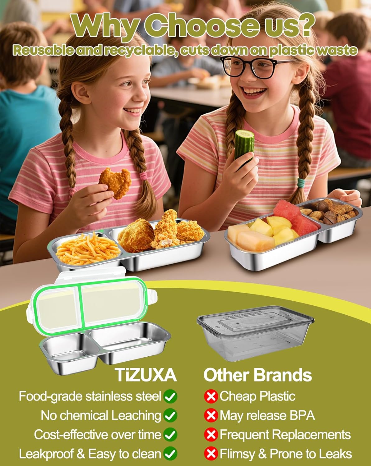 2Pack Stainless Steel Snack Containers for Kids Adults, Reusable Double Compartment Snackle Box Container with Leakproof Lids Metal Bento Lunch Food Snack Box for Travel Picnics Camping Office School