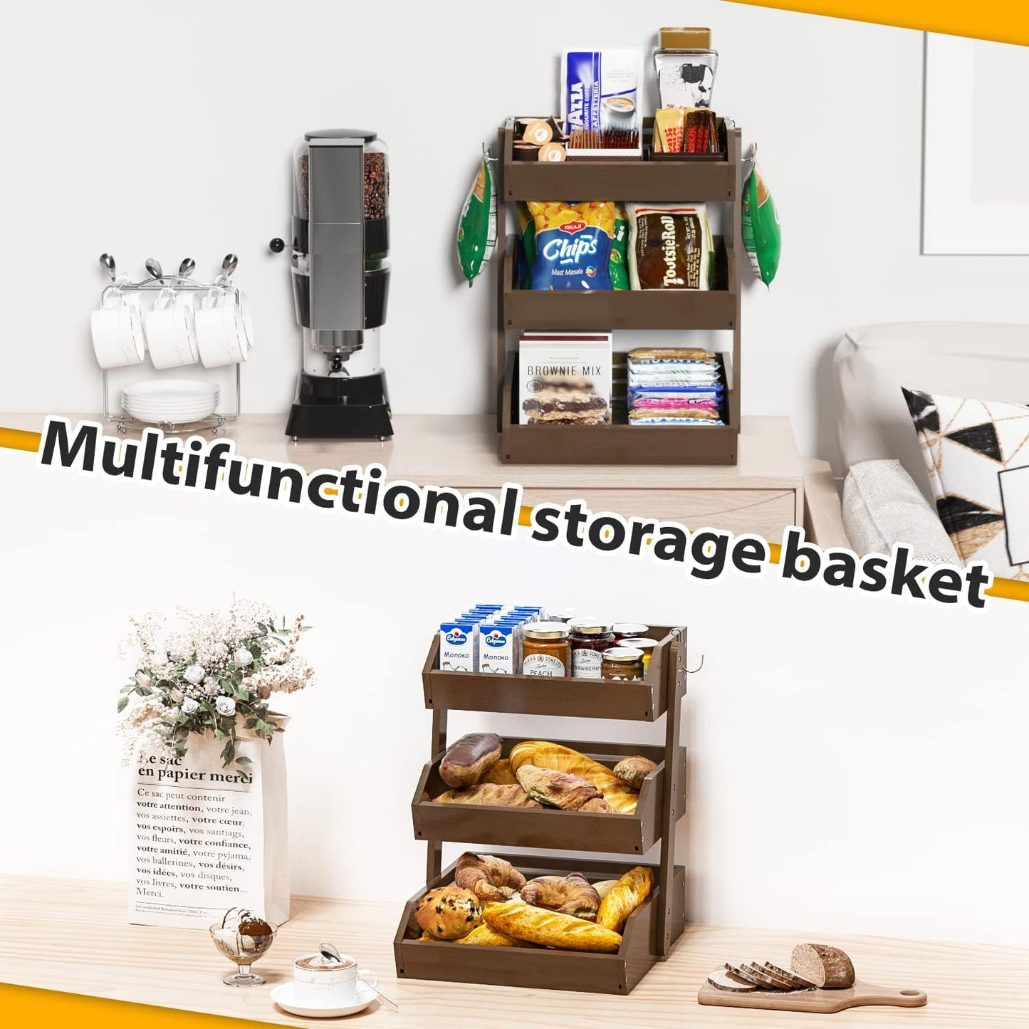 Bamboo Fruit Basket for Kitchen–3 Tier Fruit Bowl For Kitchen Counter, Large Fruit Holder With 2 Banana Hangers, Idea For Fruit and Vegetable Storage, Bread Basket, Snack Organizer(WALNUT)